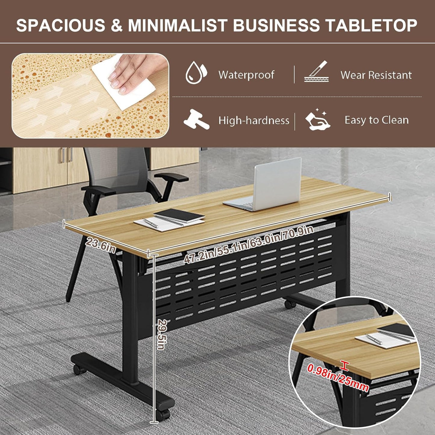 Folding Conference Room Table, Modern Conference Tables with Wheels, Large Rectangular Mobile Training Tables for Office Classroom, Foldable Modular Boardroom Seminar Table Maple (2pack L70.9in)