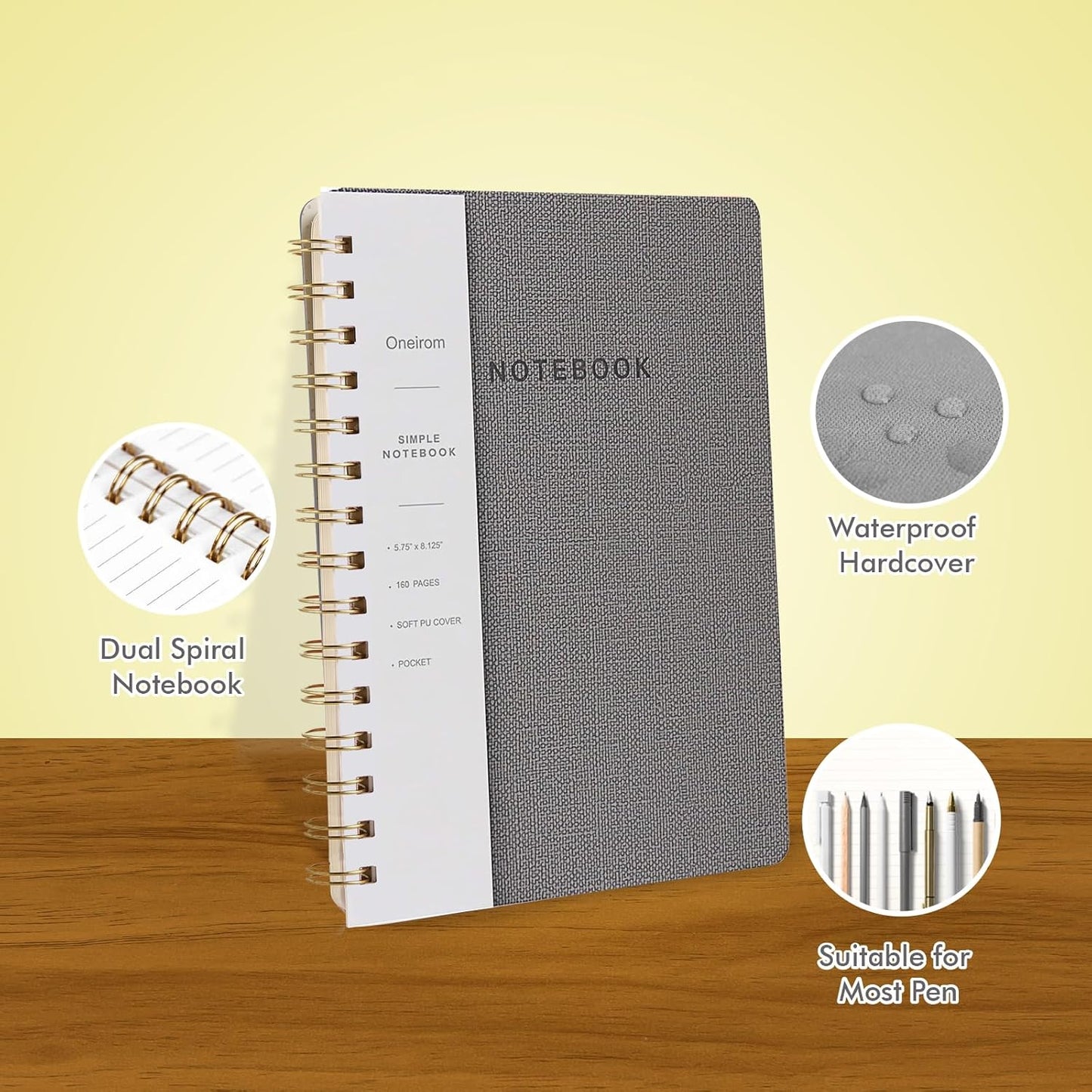 Lined Spiral Notebook College Ruled A5 Journal Book for Note Taking, 160 Pages Writing Journal for Office and Home School Supplies 5.75x8.125 inch (3pack-Grey)
