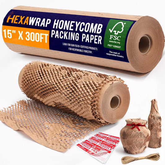 Honeycomb Packing Paper 15" x 300ft with Rope & 20 Fragile Stickers|Shipping & Moving Supplies|Small Business Packaging Supplies|Eco Friendly Bubble Wrap Packing Boxes for Moving Certified FSC C204227