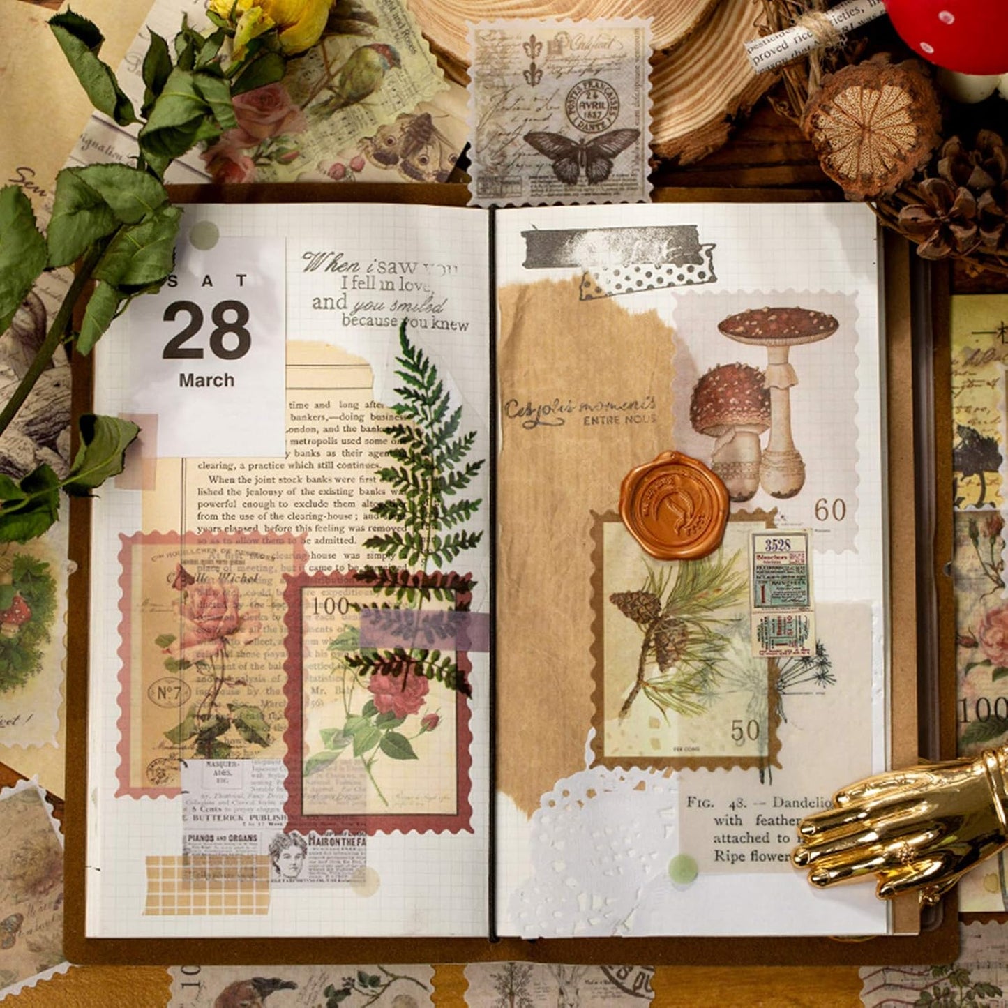240pcs Vintage Postage Stamp Stickers, Aesthetic Botanical Deco Paper Sticker for Scrapbooking, Journaling Supplies, Planners, Kid DIY Art Crafts, Bullet Journal
