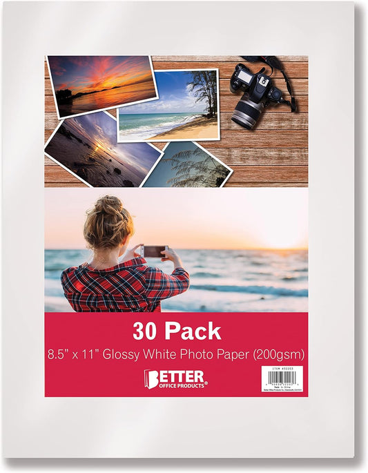 Better Office Products Glossy Photo Paper, 8.5 x 11 Inch, 30 Sheets, 200 gsm, Letter Size, 30-Count Pack