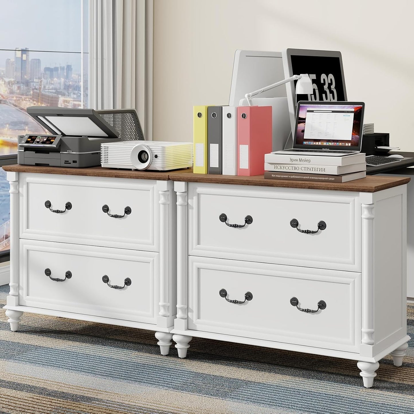 Lateral File Cabinet 2 Drawers Farmhouse File Cabinet Set of 2 for Letter/A4/Legal Size Hanging Files, Large Rustic White Storage Cabinets Printer Stand with 4 Solid Wood Feet &Column Decor for Office