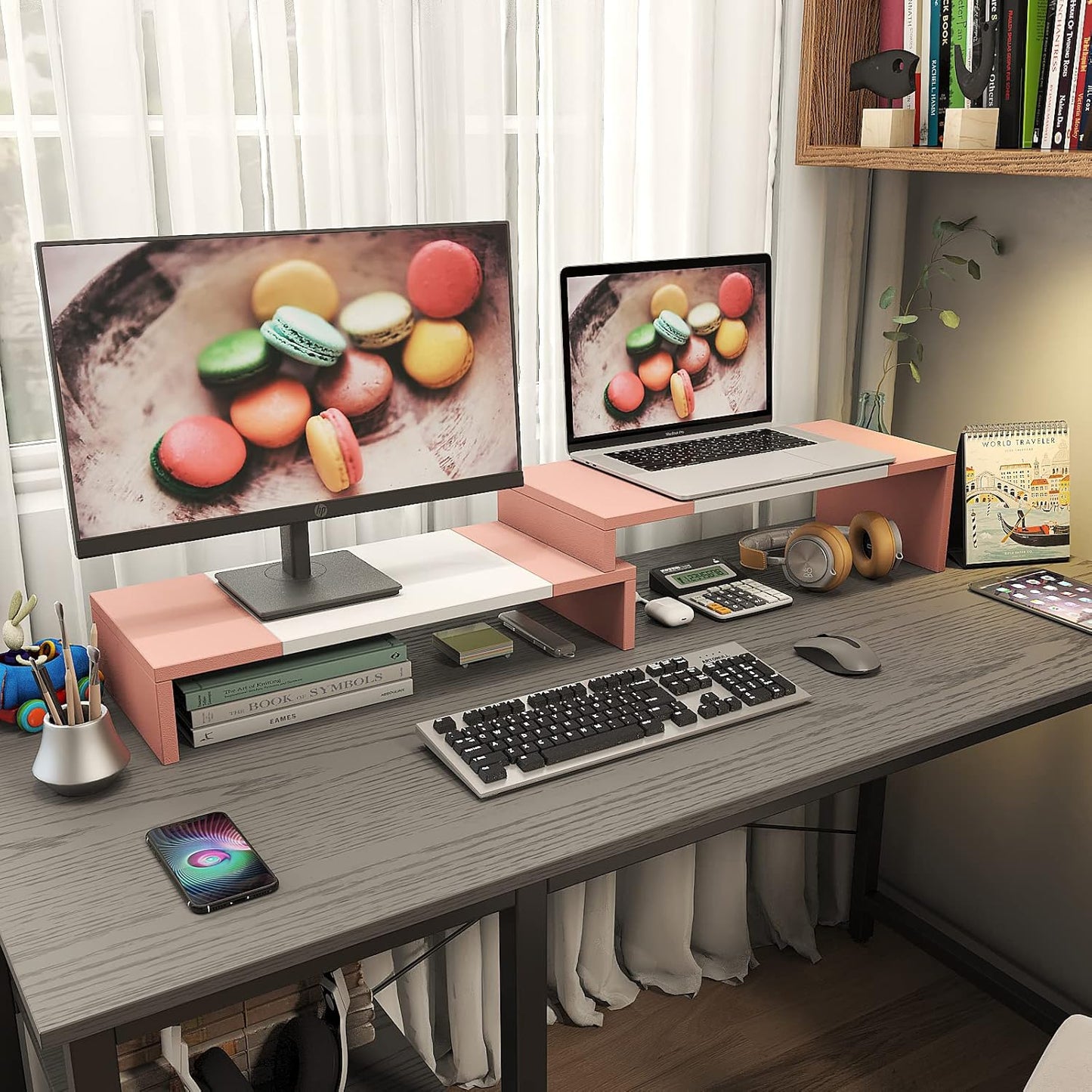 WESTREE Dual Monitor Stand - Monitor Stand Riser - 2 Shelf Computer Monitor Stand with Adjustable Length and Angle, Monitor Stands for 2 Monitors, Desktop Organizer Stand for PC, Computer, Laptop