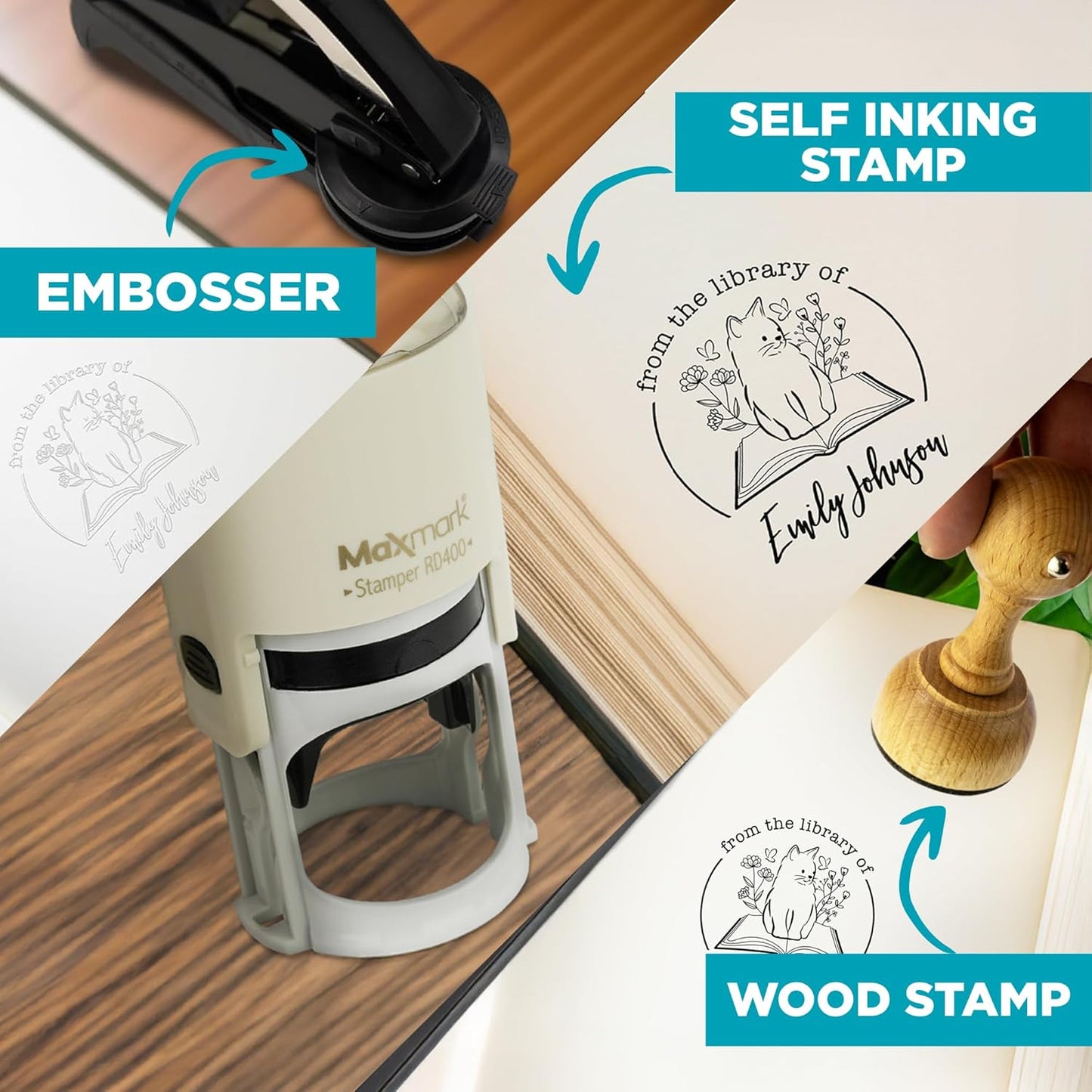 Custom Library Embosser - Style 108 - Embosser, Wood Stamp or Self Inking Stamp - Book Embosser Includes 50 Gold Seals - Custom Stamp Seal from The Library of