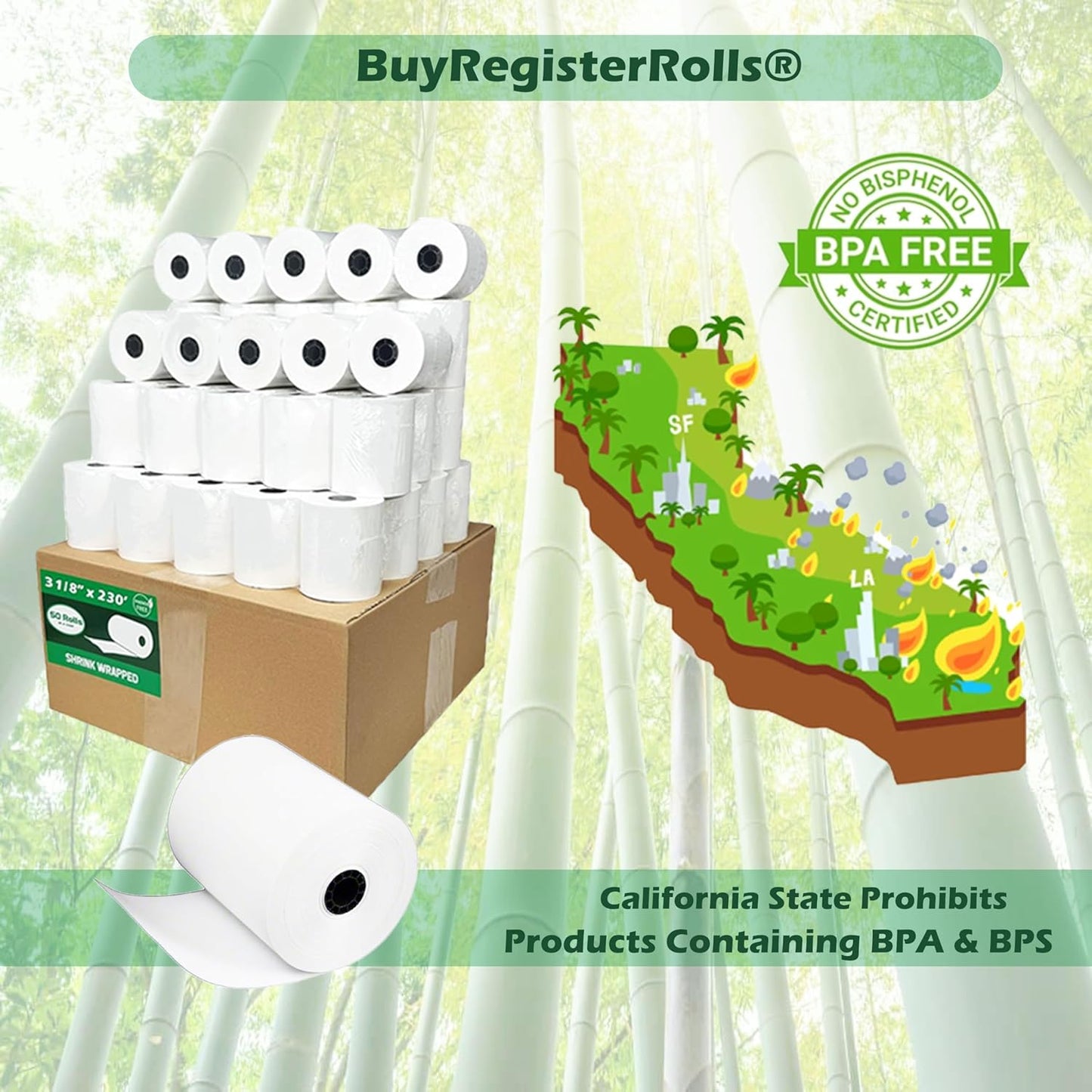 BPS Free Thermal Paper 3 1/8" x 230' ft (Also BPA & Phenol Free - 50 Rolls) Climate Friendly Receipt Rolls fits all Clover POS Cash Register Printers SCP700 TSP100 from BuyRegisterRolls
