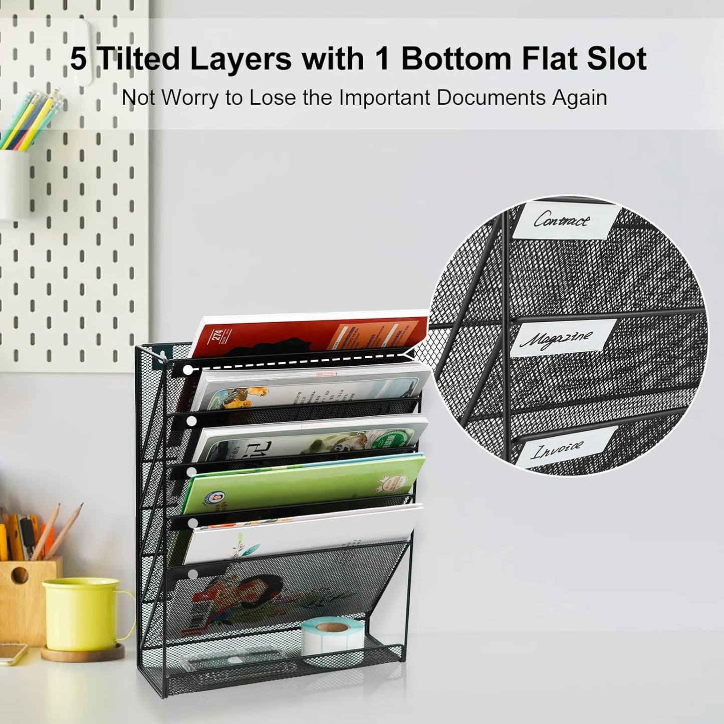 EasyPAG Wall File Holder 5 Tier Vertical Hanging File Organizer Wall Mount Paper Folder Rack with Bottom Flat Tray for Office and Home,Black
