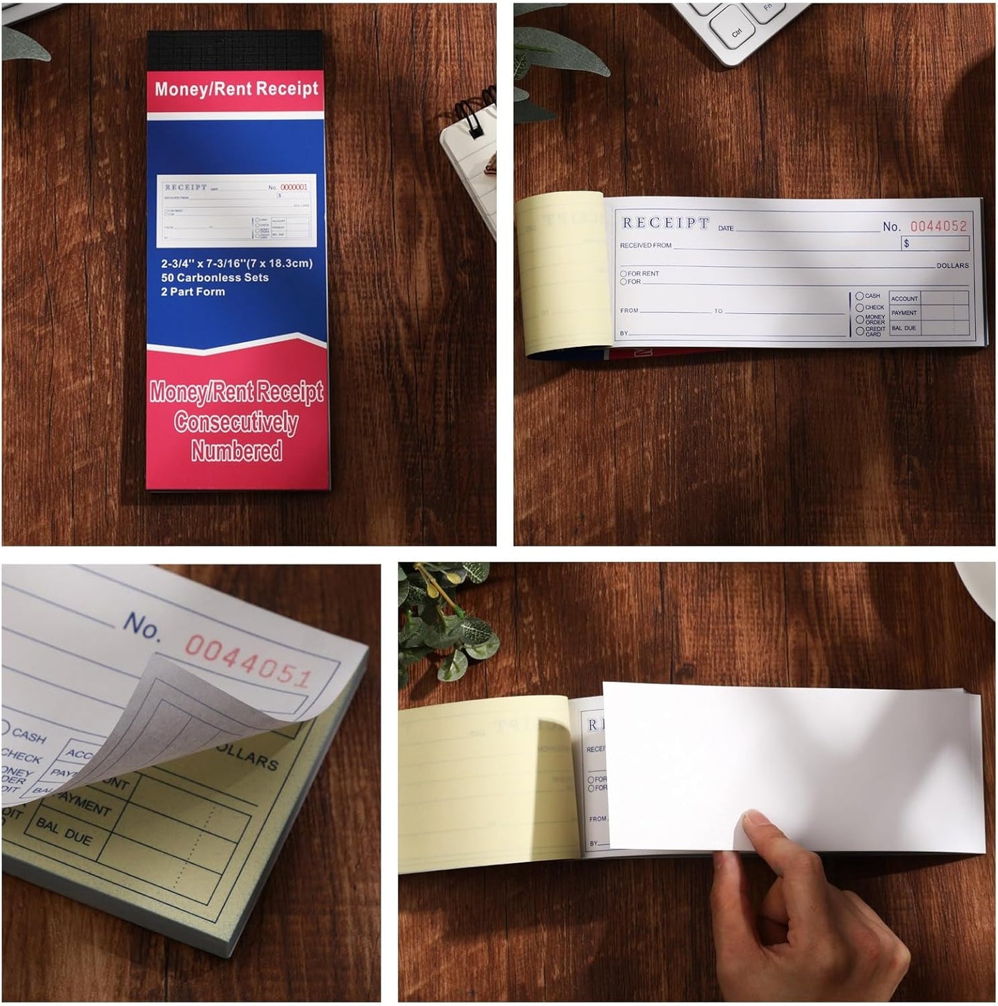 Crtiin 5 Pads Money and Rent Receipt Book 2.75 x 7.2 Inch Bound Cover 2 Part Carbonless Receipt Book with Carbonless Copies Receipt Log Book 50 Sets Per Book