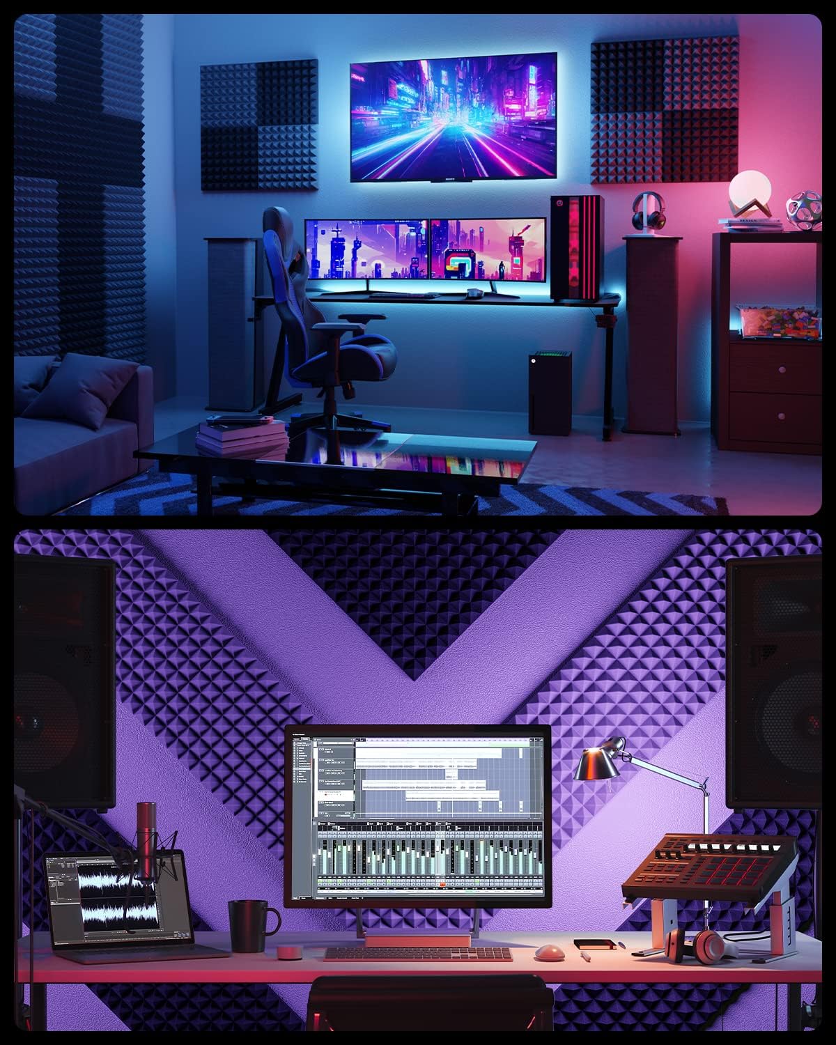 Sonicism Sound Proof Foam Panels for Walls Self-Adhesive Pyramid 48 Pack,12" X 12" X 1"Soundproof Wall Panels,35kg/m³High DensityAcoustic Panels Fast Expand,Sound Absorption and Decoration(Black)