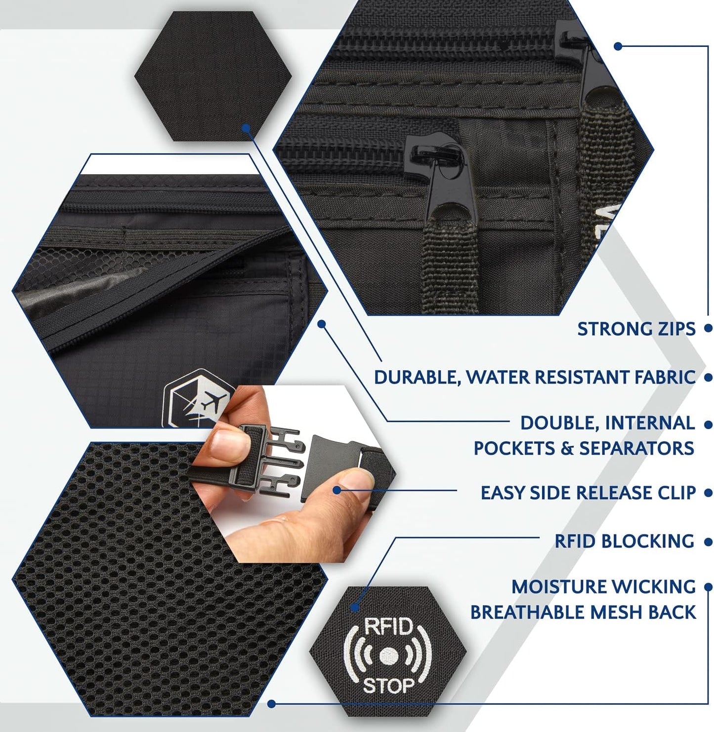VENTURE 4TH Travel Money Belt - Slim Passport Holder RFID Blocking Travel Pouch to Protect Cash, Credit Cards and Travel Documents (Pure Black)