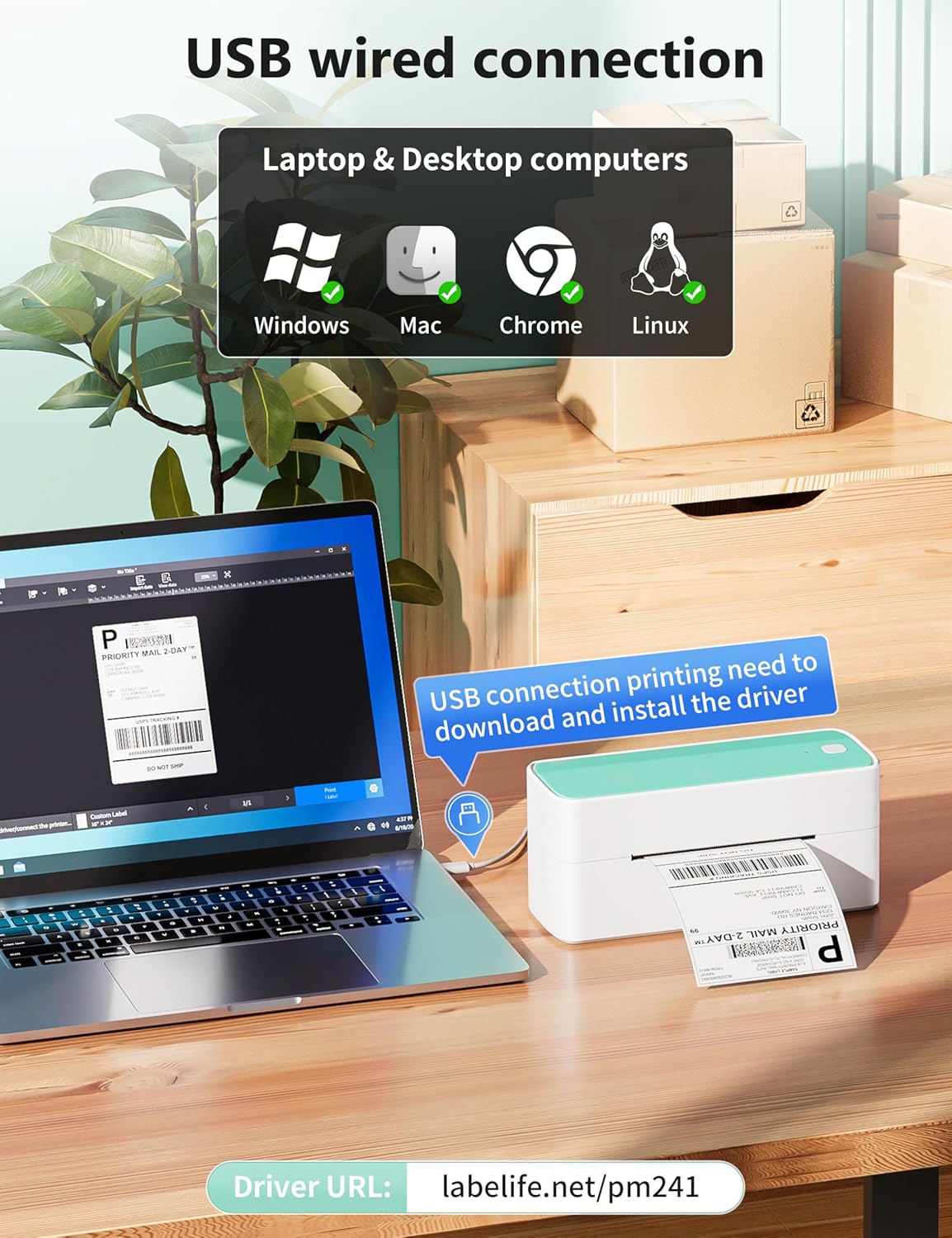 Phomemo Bluetooth Thermal Shipping Label Printer, 241BT Wireless Thermal Label Printer for Shipping Packages, Inkless Thermal Shipping Label Printer, Compatible with iPhone, Android, Green