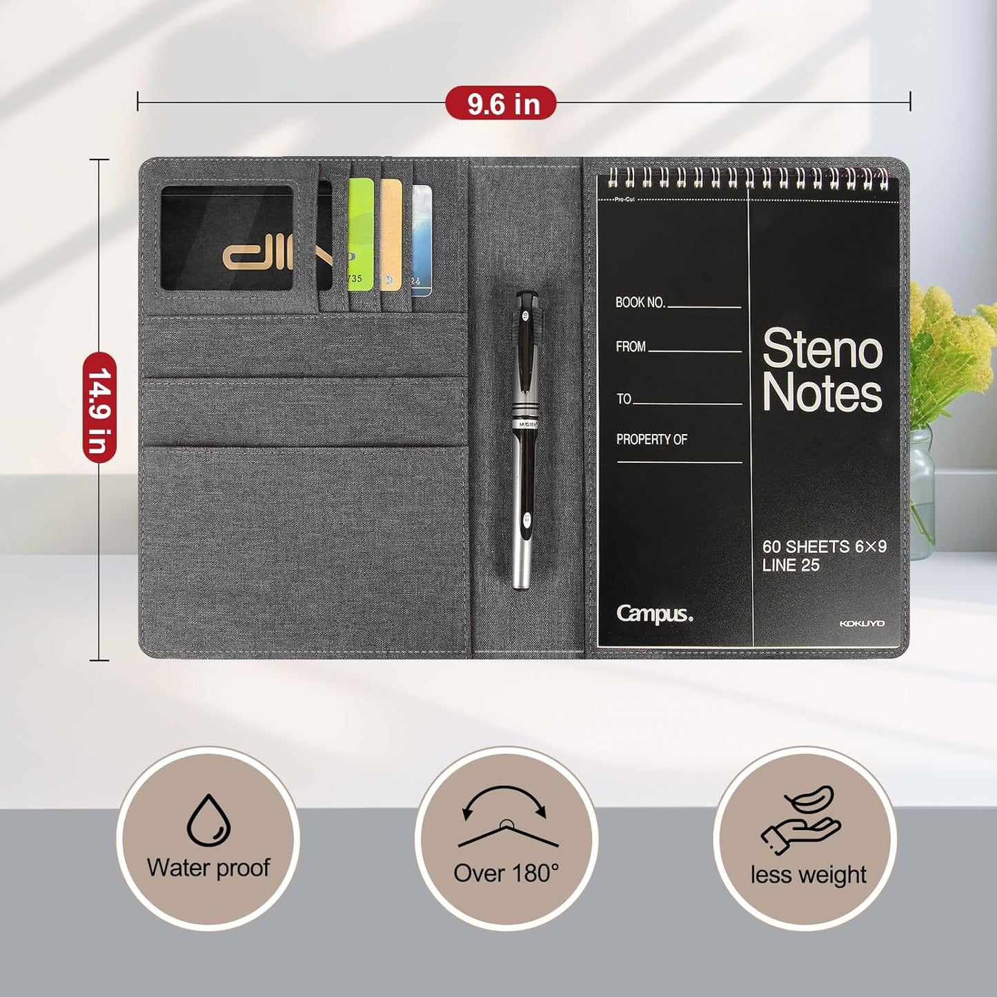 Journal Cover for Rocketbook Flip | Executive Size 6"x8.8" Fits A5, 6"x9" Steno Pad/Notebook & Top Spiral Notepad | Waterproof Protective Case with Pen Loop Holder & File Storage (Gray)