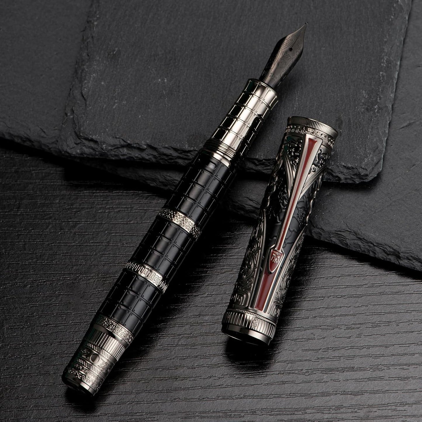 Hongdian D5X Fountain Pen Black Fine Nib, Qin Dynasty Retro Chinese Totem Engraving with Converter and Pen Box Set