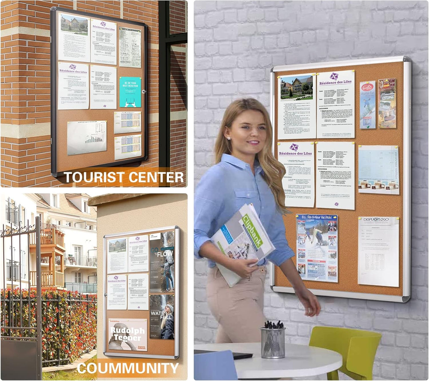 SWANCROWN Lockable Noticeboard Wall-Mounted Bulletin Pin Cork Boards Message Board with Aluminium Frame 28x14 inch