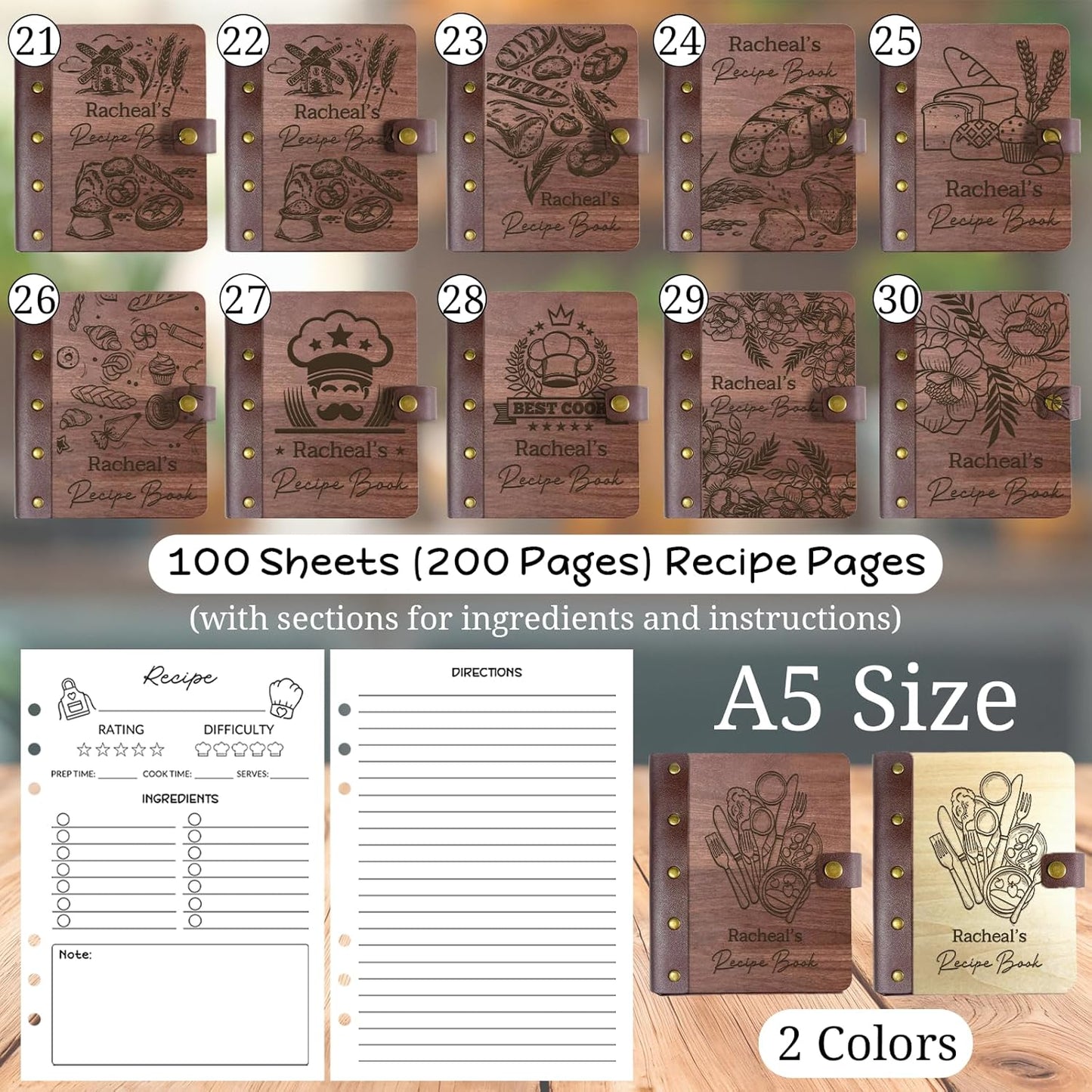 UBJVA Personalized Recipe Book Binder Custom Engraved Recipe Book to Write in Your Own Recipes Wooden Family Cookbook Journal Gift for Christmas Birthday