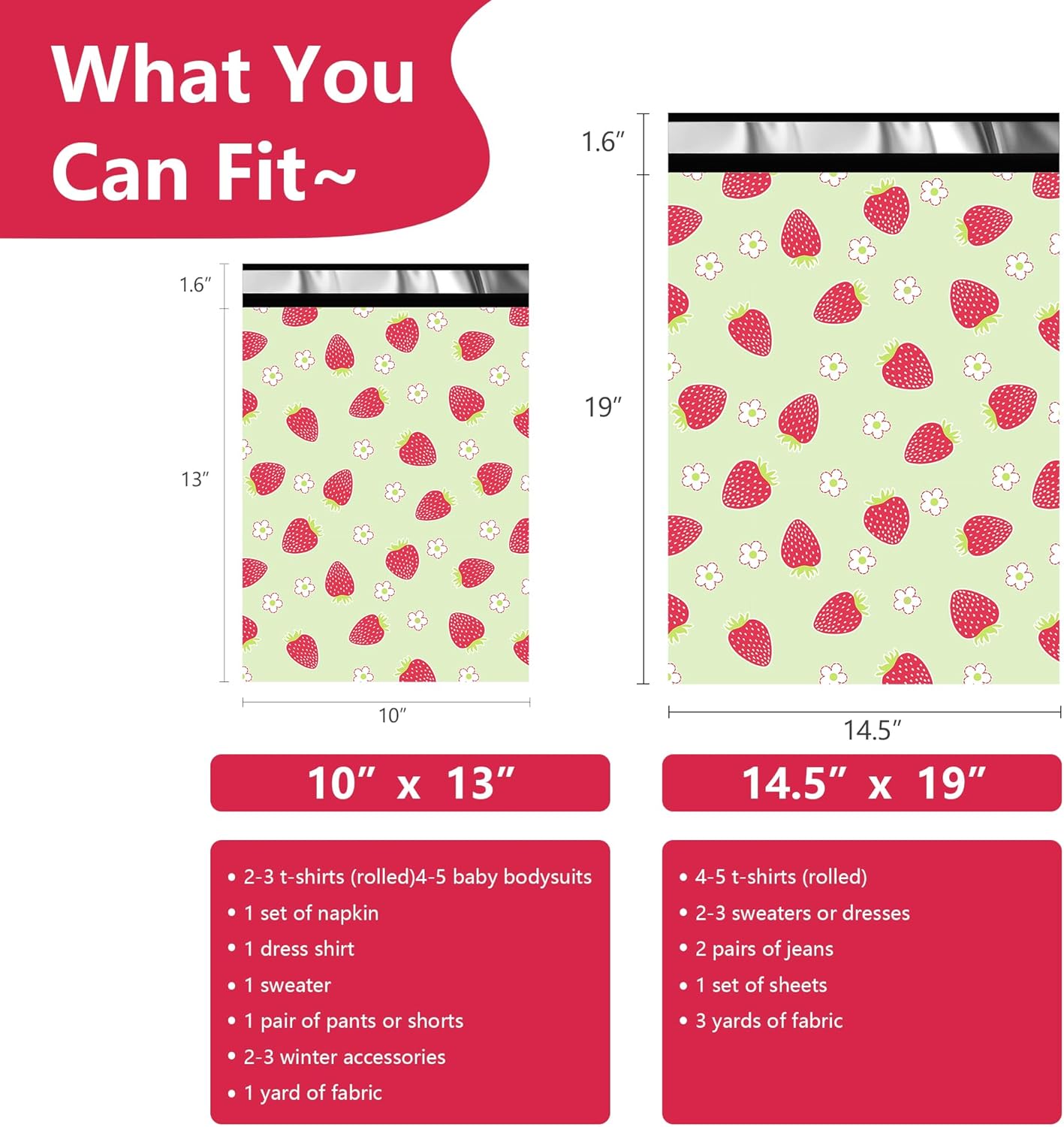 Poly Mailers 10x13 Inch 25 Pcs - Strawberries printed Shipping Bags, 2.4mil Thickness, Waterproof and Tear Resistant Mailing Envelopes, Self-Sealing Packaging Bags for Small Business