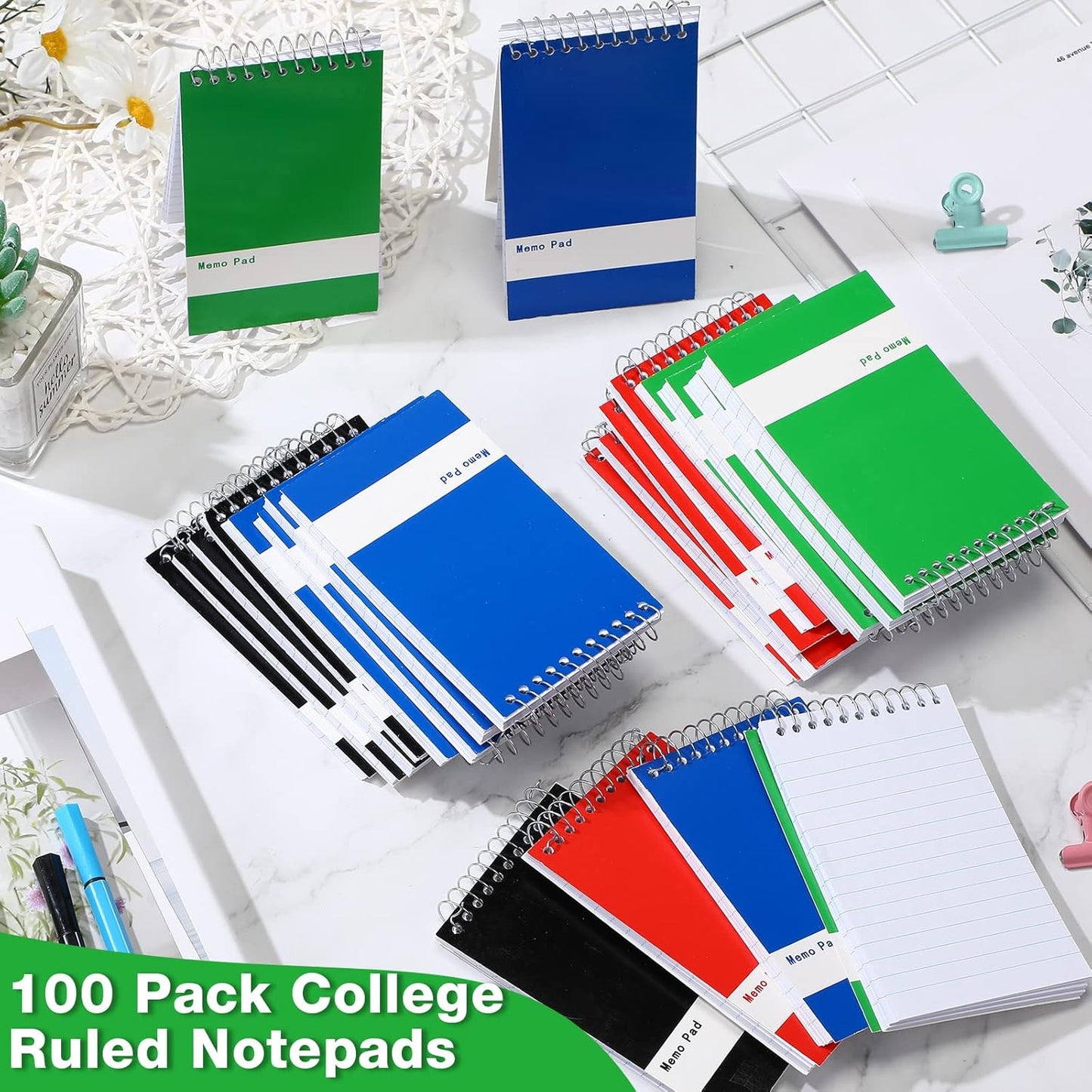 Thenshop 50 Pads Spiral Memo Bulk 3'' x 5'' Top Bound Memo Book 60 Sheets Small Mini Notebooks Lined Wire Bound Pocket Steno Book for Home, Office, School (Classic Colors)