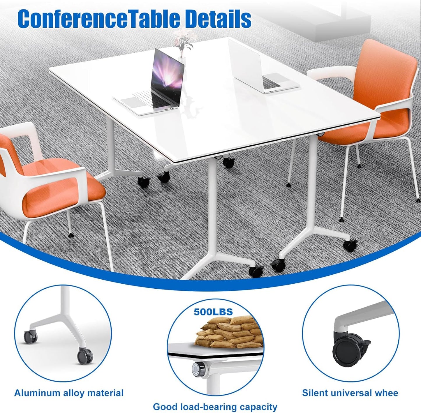Conference Table, Folding Conference Desk Modern White, Seminar Table with Wheels, 2-10 People for Office, Meeting Break Room (6, 1915, 47IN)