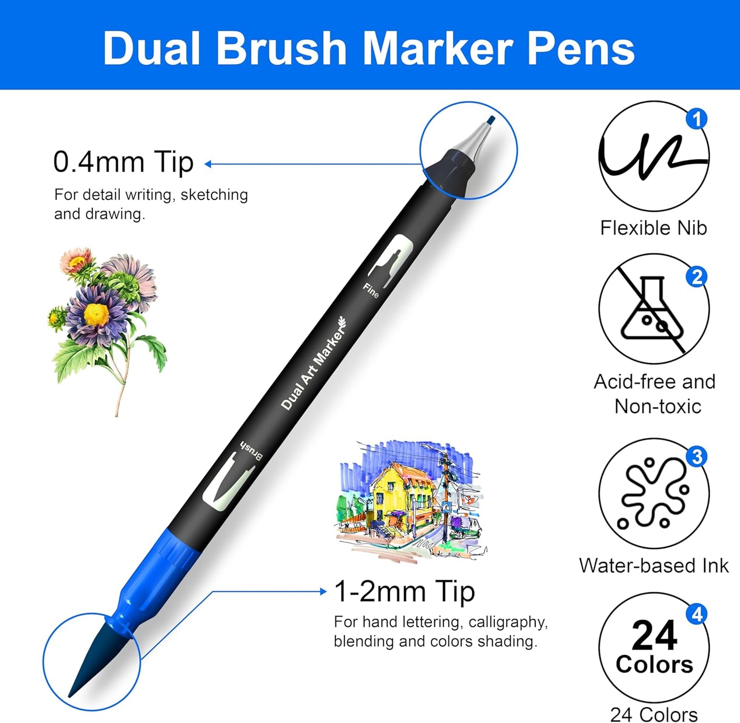 Dual Brush Marker Pens, 24 Colors Art Markers with Fine and Brush Tip Coloring Markers for Adults, Marker for Journaling Calligraphy Drawing Sketching Doodling Illustrating