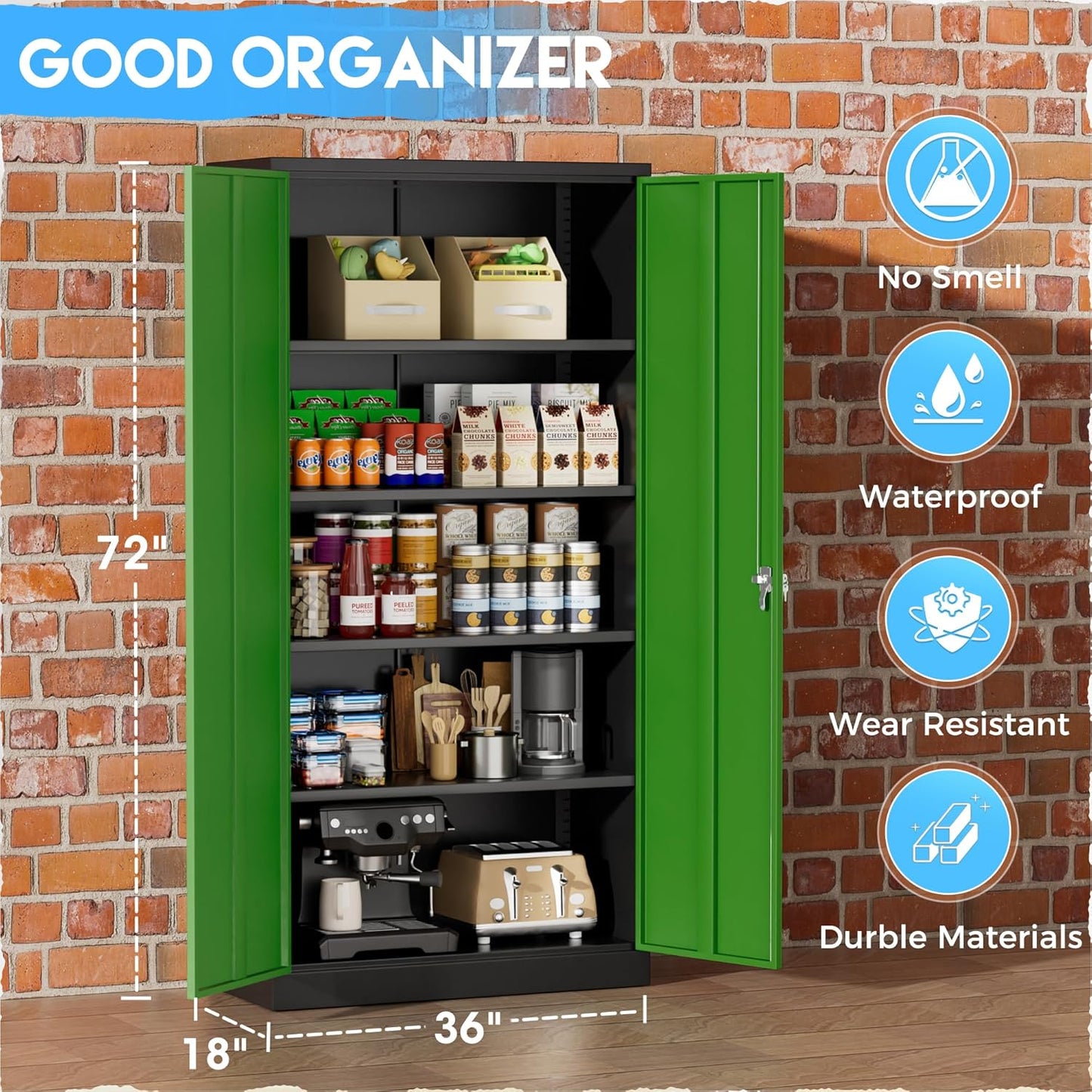 Greenvelly Metal Storage Cabinet,72" Steel Storage Cabinets with Doors and Adjustable Shelves, Metal Tool Cabinets, Locking File Cabinet for Home Office, Garage, School (Black Green36 Wx18 D)