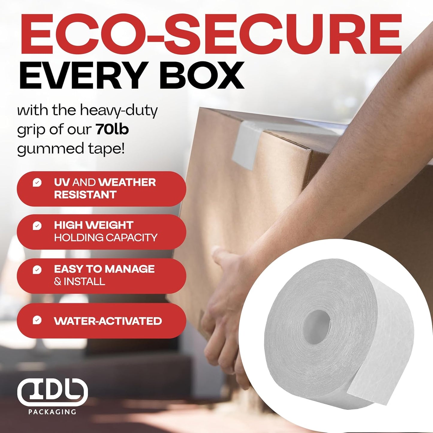 IDL Packaging 3" x 375 feet Reinforced Water-Activated Kraft Gummed Tape 70lb Thickness (Pack of 6) - Secure Paper Packing Tape for Secure Carton Sealing - Heavy-Duty for All Conditions, Brown
