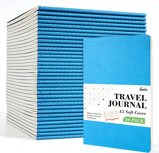 36 Pack Soft Cover Journal Bulk, Feela Lined Blank Travel Journal for Women Men Writing, Notebooks College Ruled for Work, Note Taking Notebook School Business Supplies, 8.2” x 5.5”, A5, Blue