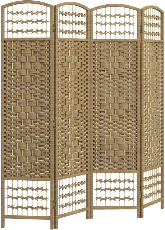 HOMCOM 4 Panel Room Divider, Folding Privacy Screen, 5.6' Room Separator, Wave Fiber Freestanding Partition Wall Divider, Natural