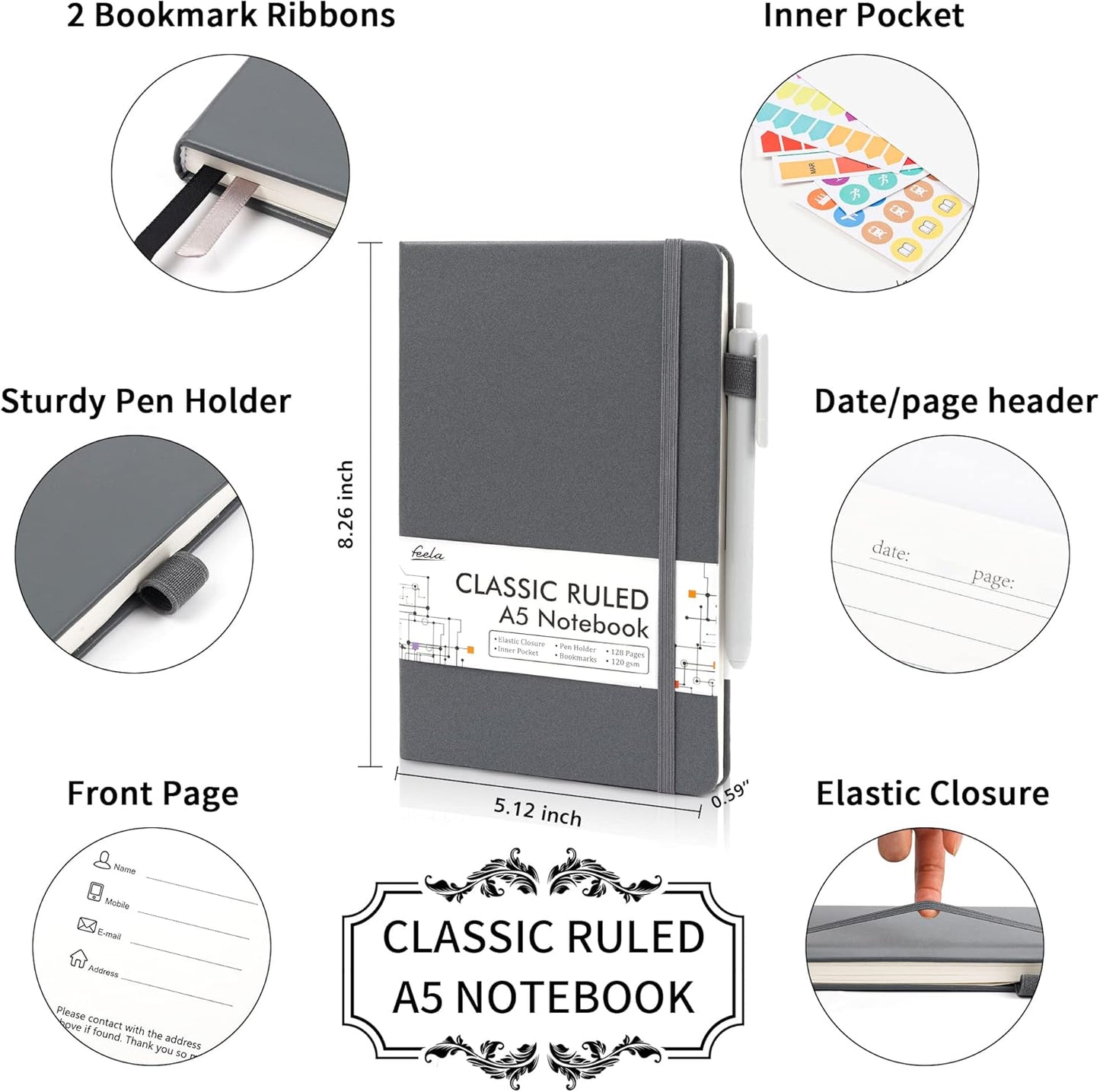 feela 24 Pack Journal Notebook for Work, Business Notebook Bulk Hardcover Lined Writing Journal with Pen Holder for Men Women Note Taking, with 24 Black Pens, 120 GSM, 5.1”x8.3”, A5, Gray