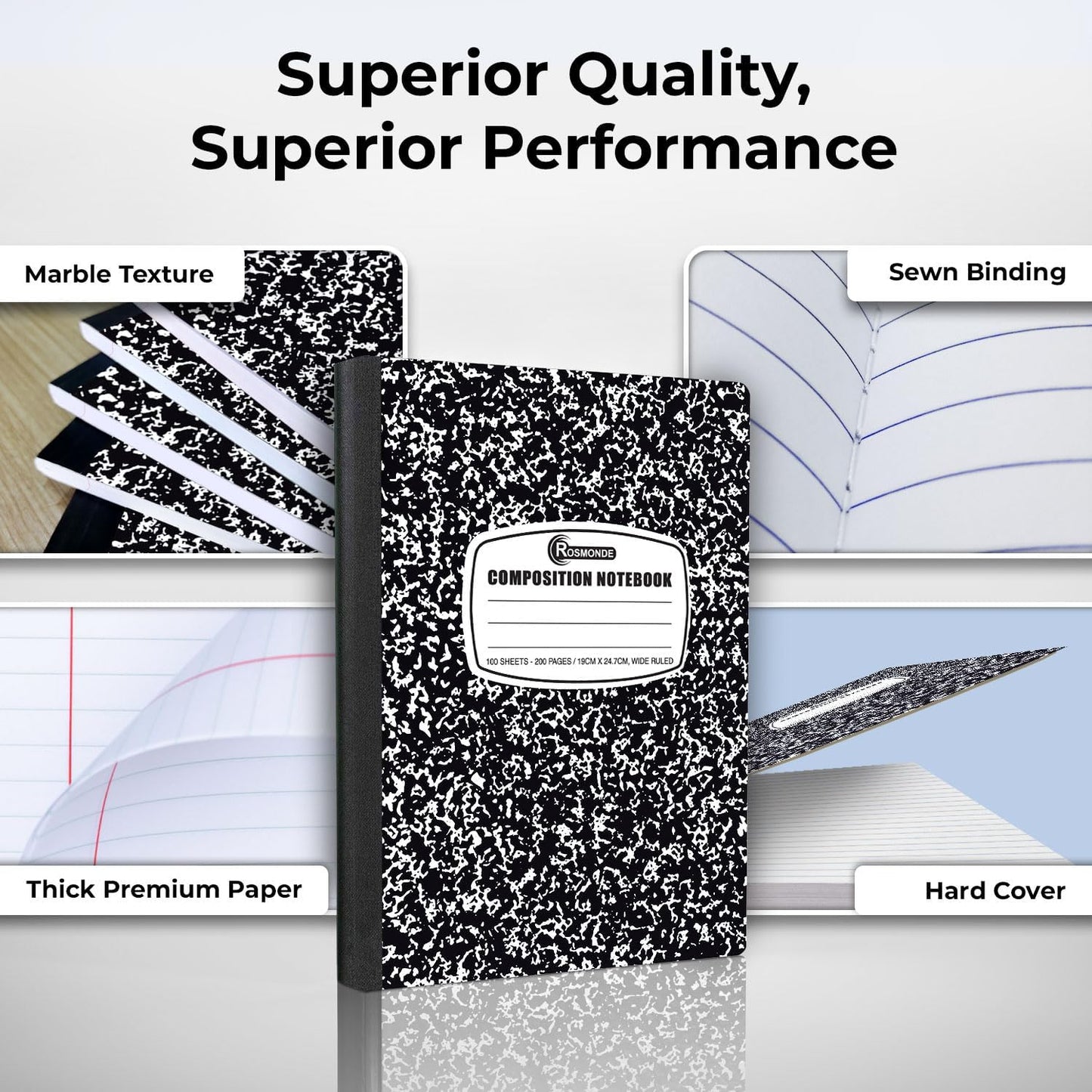 Composition Notebook Wide Ruled 5 Pack, 200 Pages (100 Sheets), 9-3/4 x 7-1/2, Back to School Supplies, Notebooks for School, Office Supplies, Notebooks for Work, Wide Ruled Notebook