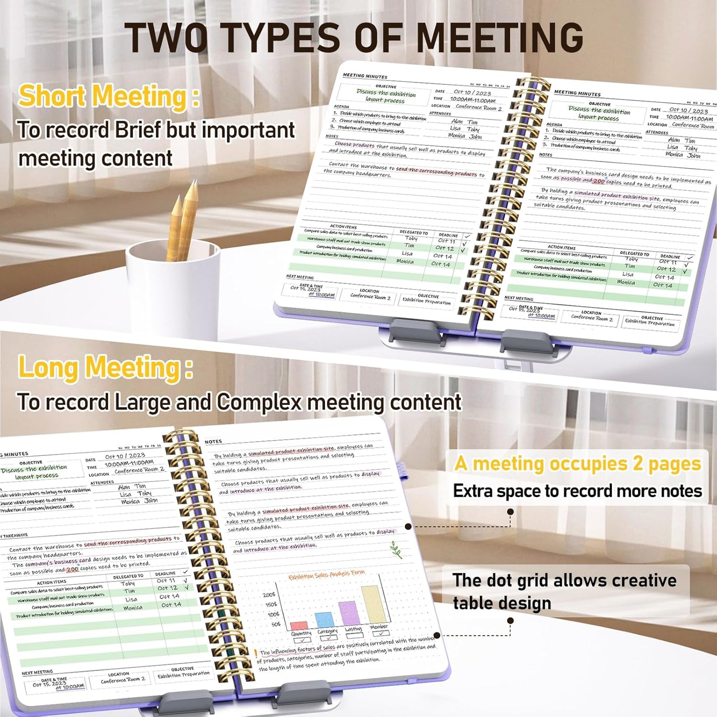 WEMATE 5 Pack Meeting Notebooks for Work（7"x10"） 200 Pages, PU Leather Notebook with Action Items & Note, For Staff & Students, Meeting, Projects Planning- Light Purple, Blue, Rose Gold, Green, Black