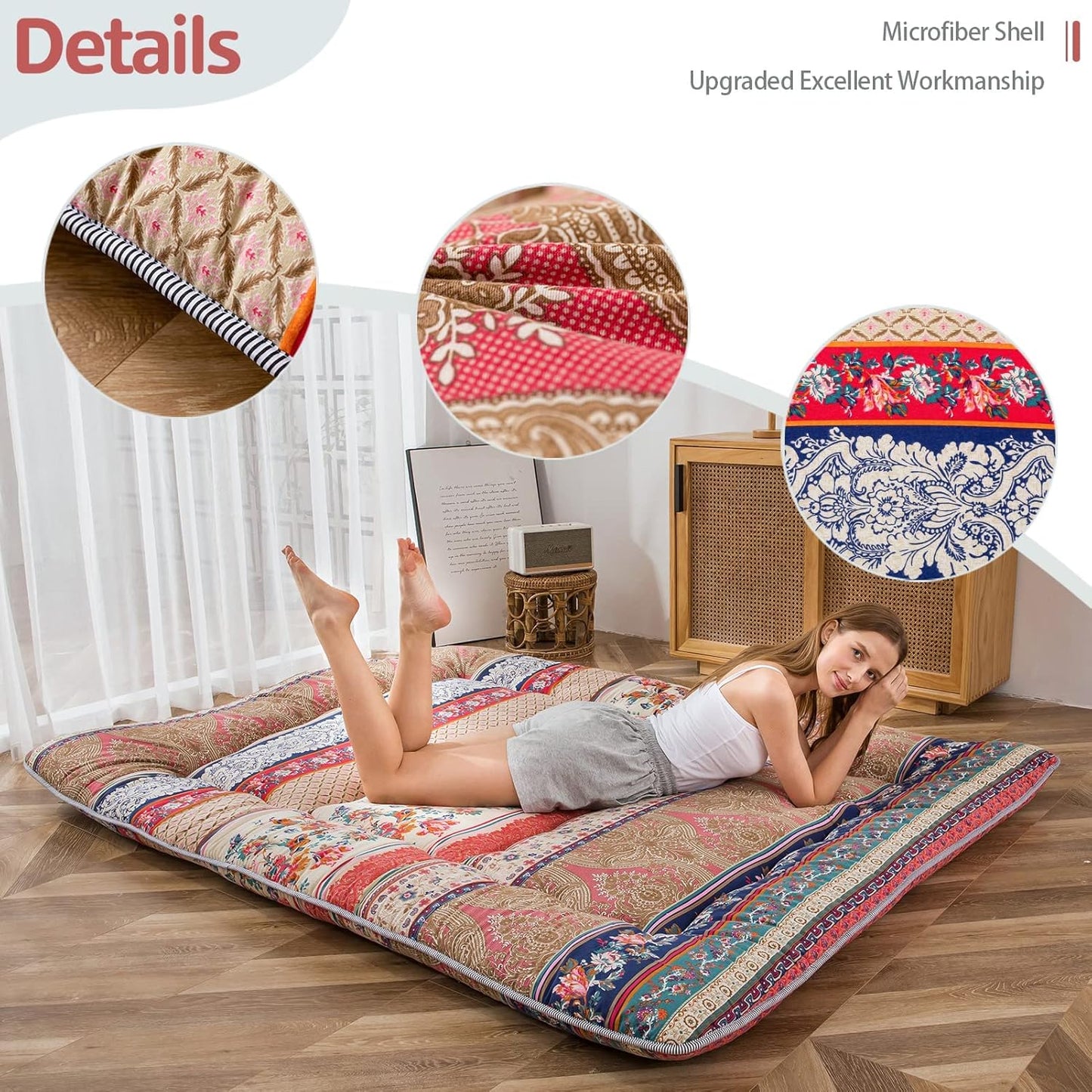 MAXYOYO Bohemian Retro Floor Mattress Vintage Floral Japanese Futon Mattress Roll Up Thicken Sleeping Bed Portable Camping Mattress Floor Lounger Couch Bed Mattress Pad Queen