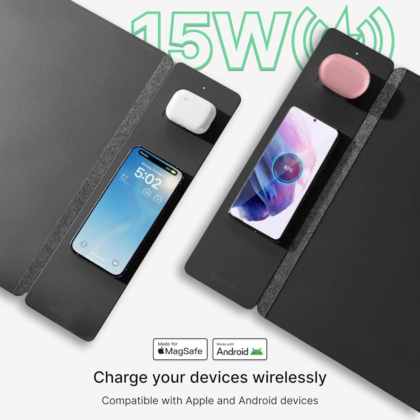 Wireless Charging Desk Pad, Large Non-Slip Reversible Felt & Vegan PU Leather Desk Mat, Waterproof, Detachable Magnetic Panel - Organize, Charge 2 Devices, Apple & Android Compatible - Black
