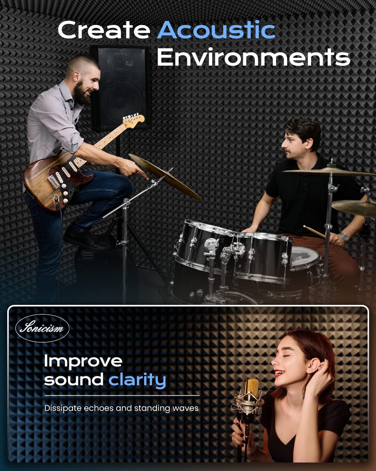 Sonicism Sound Proof Foam Panels for Walls Upgrade Self-Adhesive 16 Pack Pyramid 3"X12"X12" Acoustic Panels 35kg/m³High Density,Soundproof Wall Panels Fast Expand,Sound Absorption and Decoration,Black