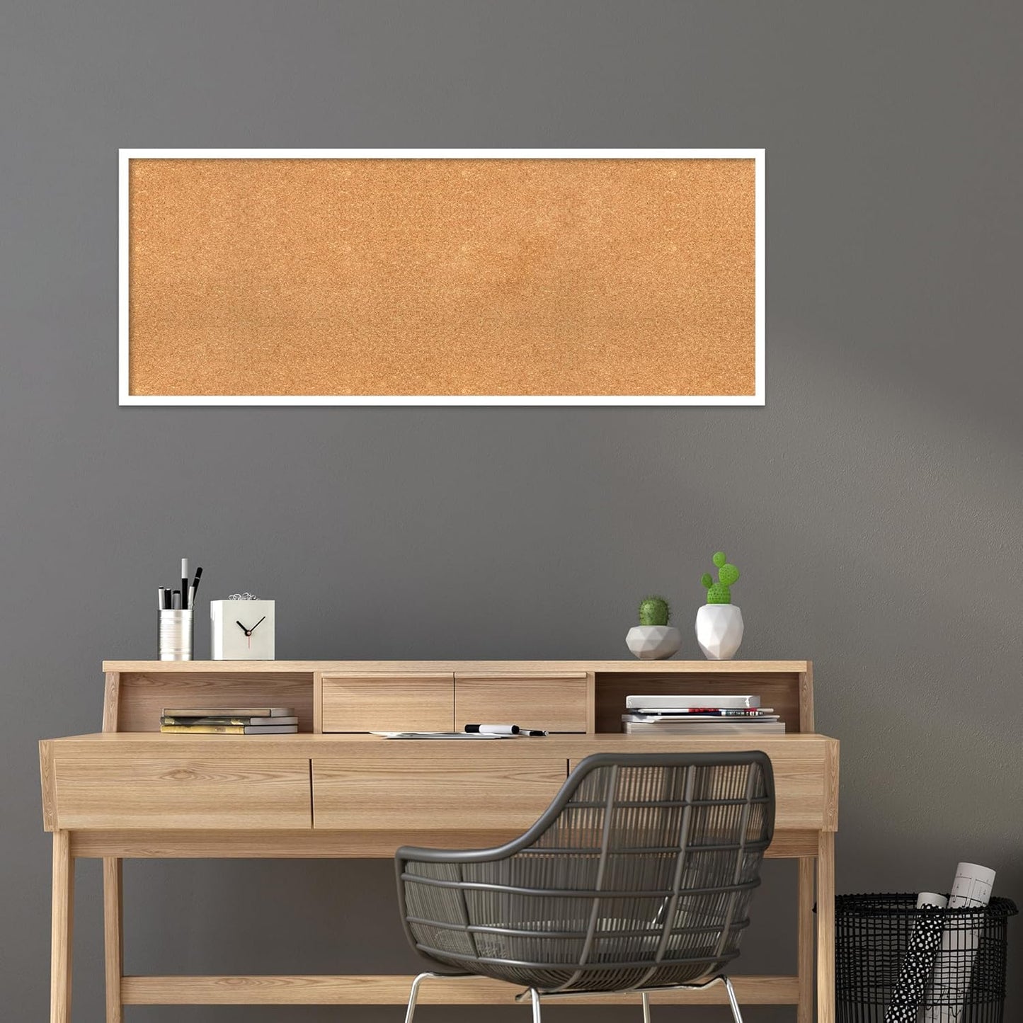 Amanti Art Natural Cork Board for Wall, 21x53 Vision Board with White Frame, Oversize Corkboard Office Decor for Home Organization, Modern Corkboard Pinboard to Display Items for Home Organization in