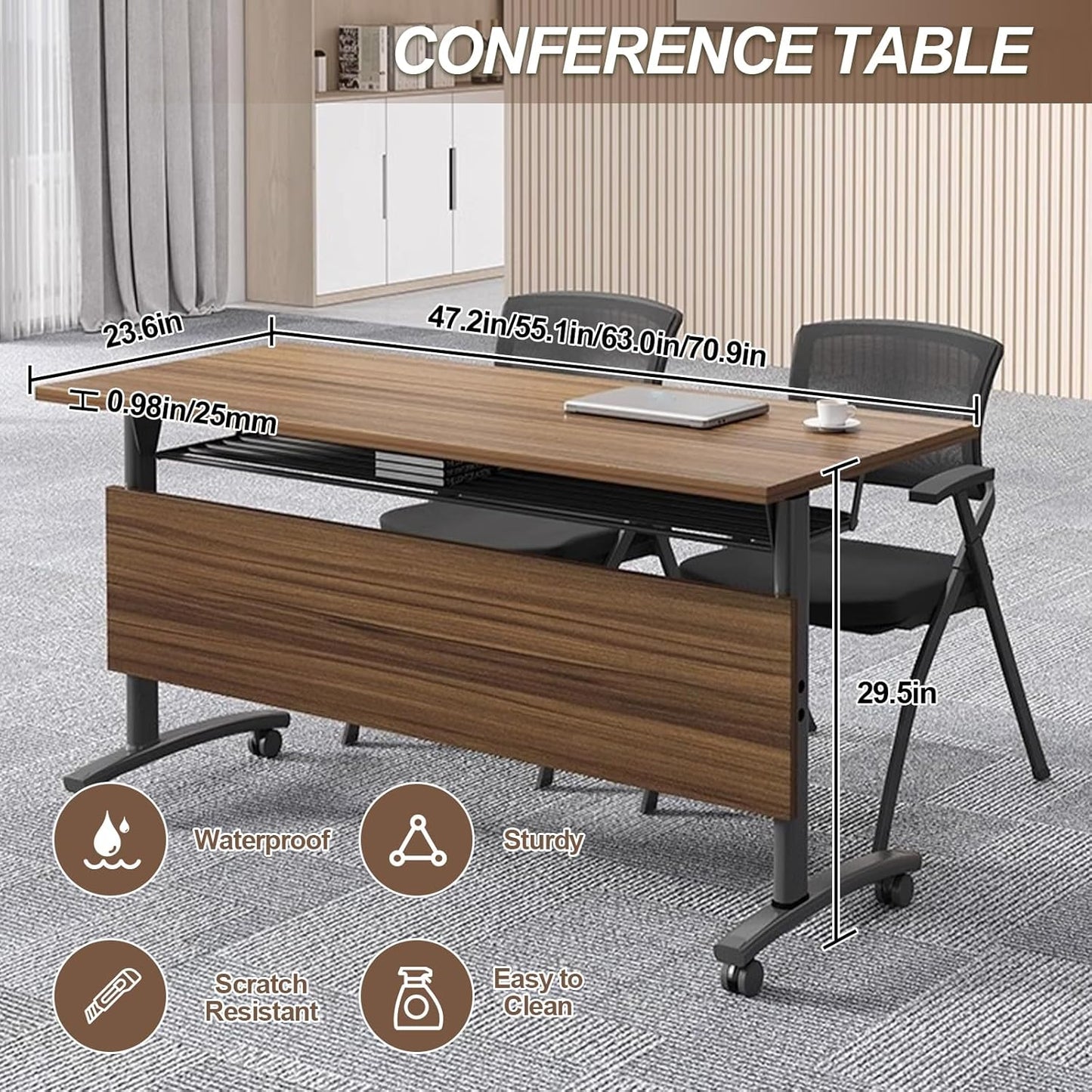 Folding Conference Room Table, Modern Conference Tables with Wheels, Large Rectangular Mobile Training Tables for Office Classroom, Foldable Modular Boardroom Seminar Table Walnut (8pack L63in)