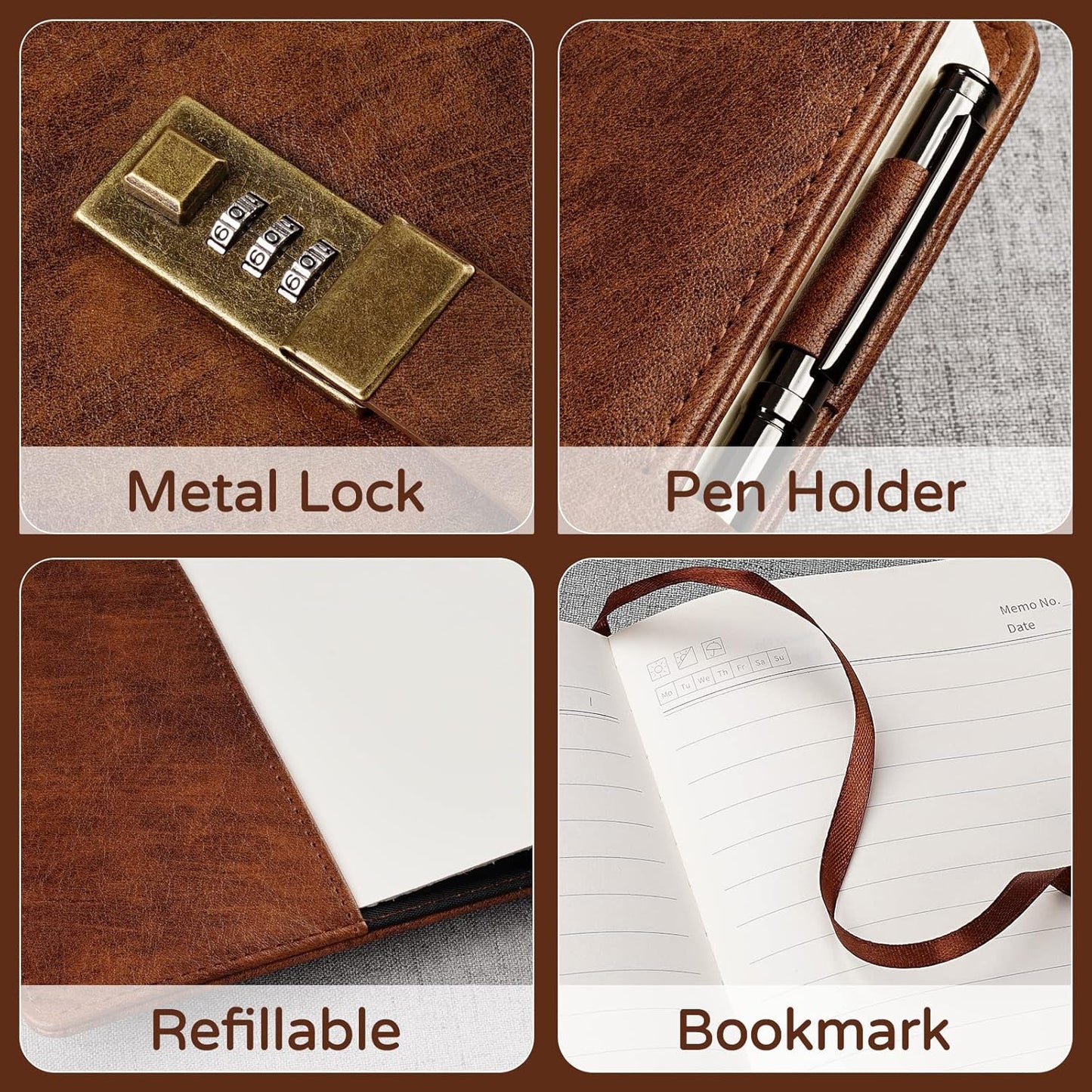 WEMATE Diary with Lock, A5 PU Leather Journal with Lock 240 Pages, Vintage Locks Journal Password Notebook with Pen, Locks Diary Planner Organizer for Men and Women, 8.6x5.8in Brown