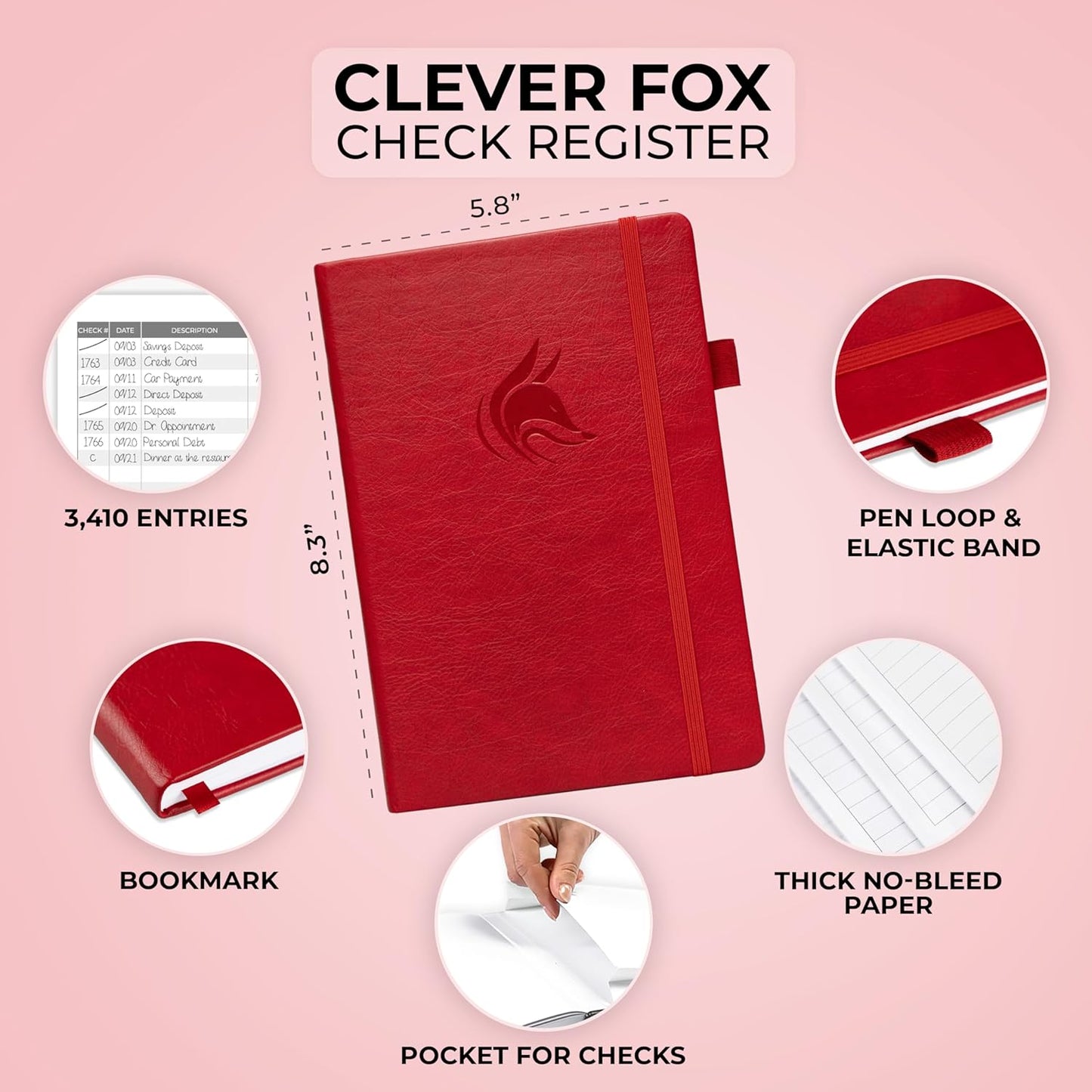 Clever Fox Check Register Book - Deluxe Transaction Register, Accounting Ledger Book, Checkbook Register & Checking Account Register Book for Personal and Work Use, A5 Hardcover - Red
