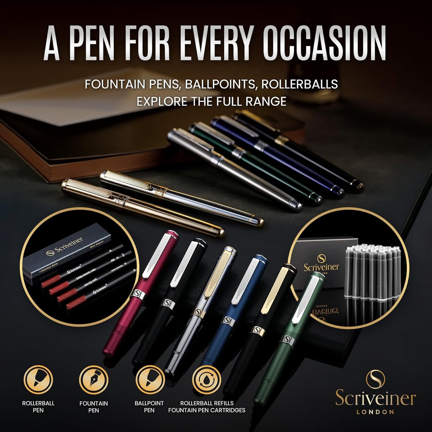 Scriveiner Green Ballpoint Pen - Stunning British Racing Green Luxury Pen, Chrome Finish, Schmidt Black Refill, Best Ball Pen Gift Set for Men & Women, Professional Executive Office, Nice Designer Pen