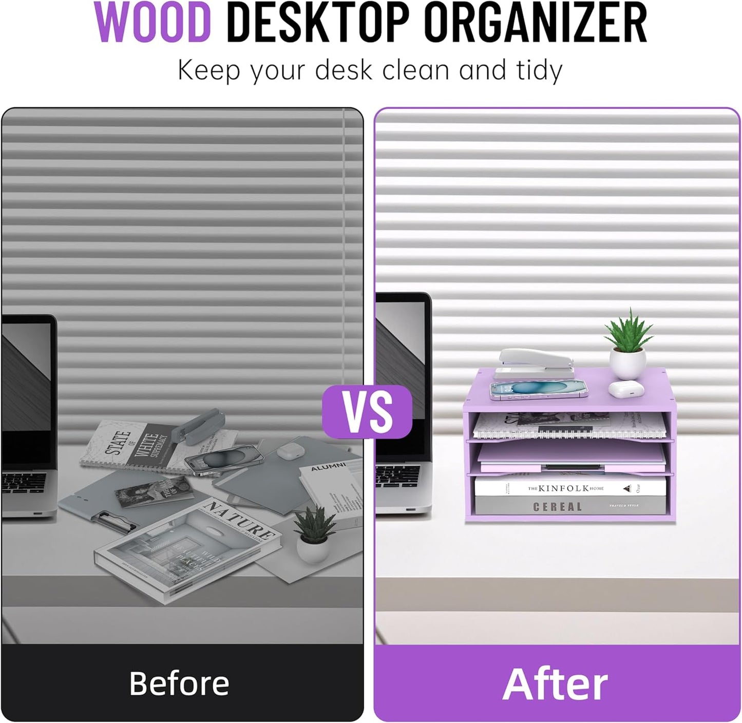 Wood Desk Organizer, 3 Tier Paper Tray Organizer for Desk with Adjustable Storage Shelves, Desktop Paper Sorter Mail Holder for Office Home Classroom, Purple
