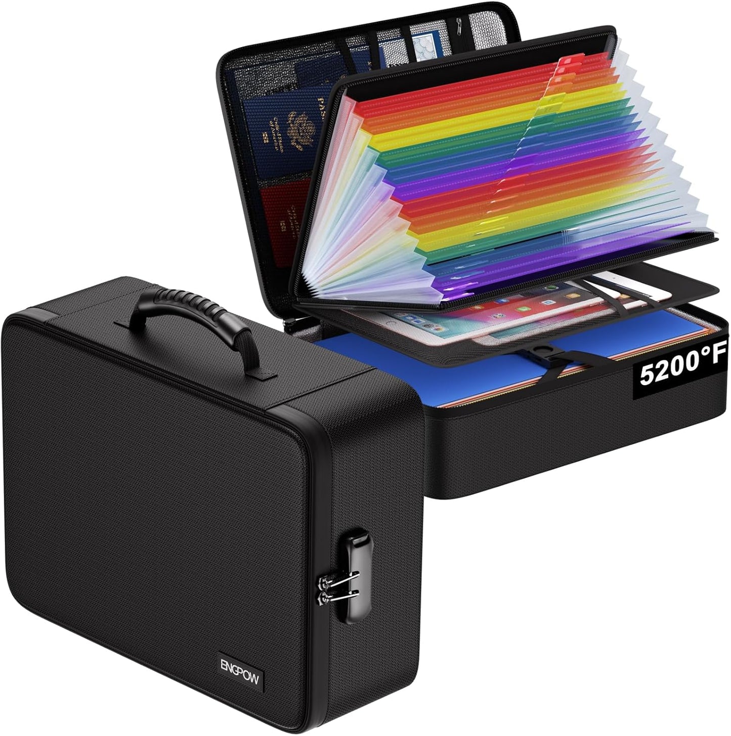 ENGPOW Fireproof Document Box with Lock, 5200℉ Soft Case Fireproof Box with 25 Colorful Pocket Accordion File Folder, Fireproof Water Resistant Safe File Organizer Storage for Important Documents