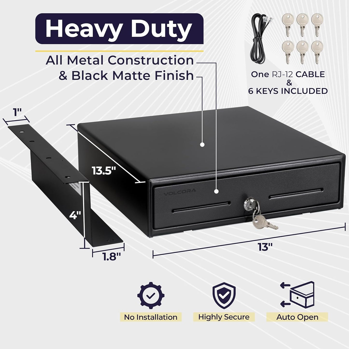 Volcora 13" Electronic Cash Register Drawer with Under Counter Mounting Metal Bracket - POS, 4 Bill 5 Coin Cash Tray, Removable Coin Compartment, 24V RJ11/RJ12 Key-Lock, Media Slot, Black
