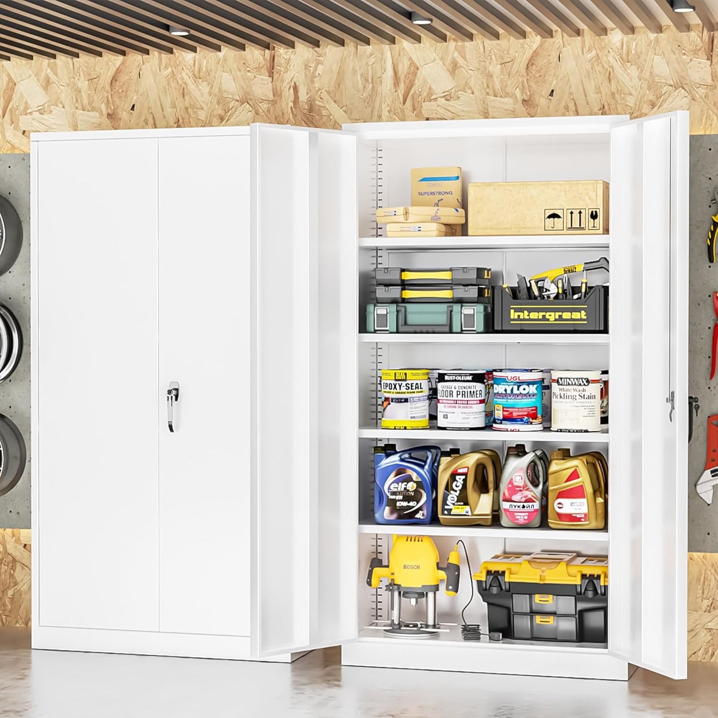 INTERGREAT Garage Storage Cabinets with Doors and Shelves,72" Tall White Steel Locking Cabinets Storage, Metal Cabinet for Home Office, Warehouse, School
