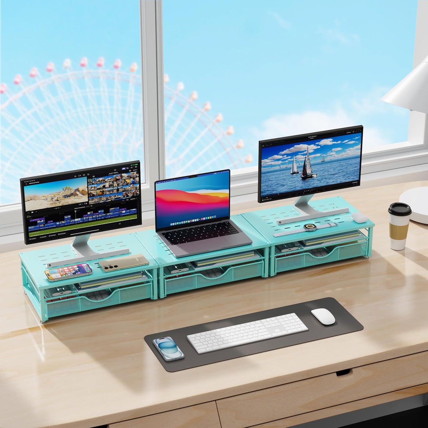 gianotter Computer Monitor Stand Riser, office organizer with Drawer, Office Organizers Storage for Classroom Office Supplies (Blue)