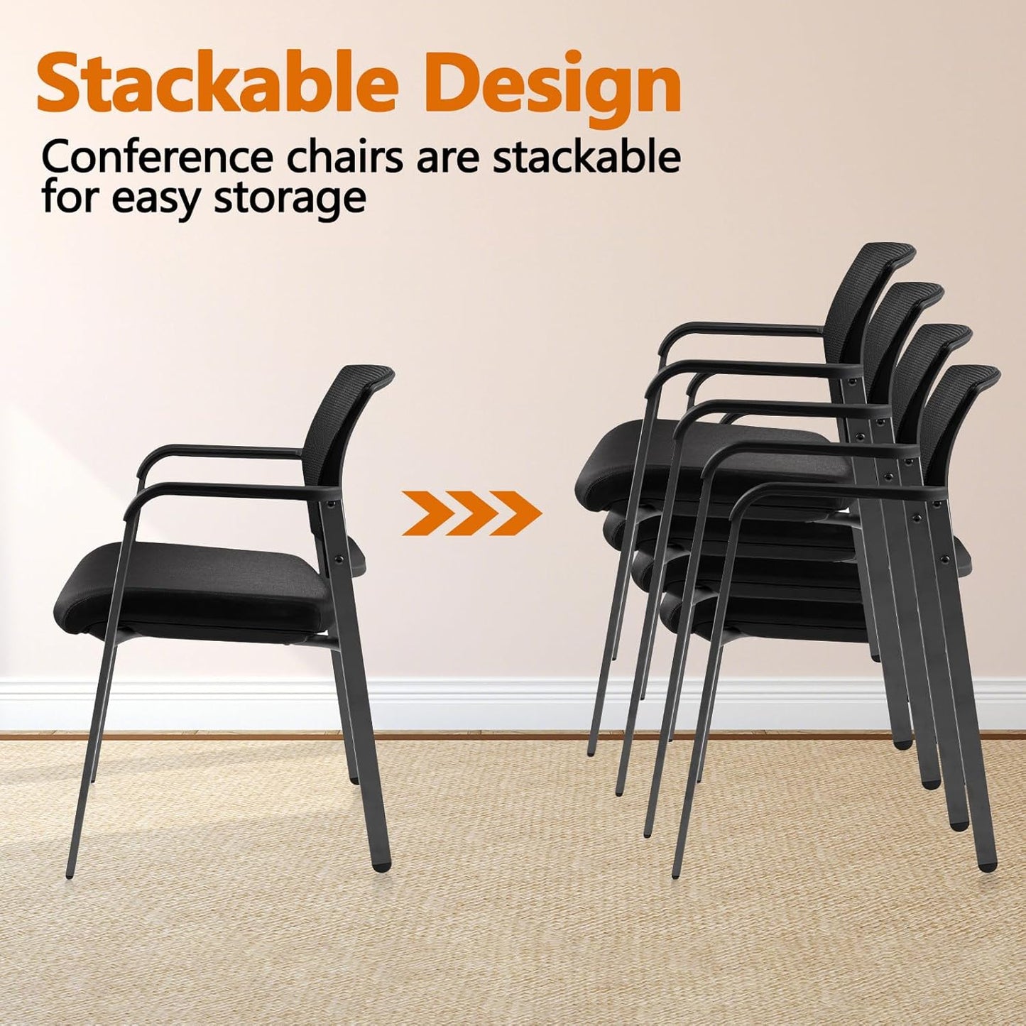 CLATINA Mesh Back Stacking Arm Chairs with Upholstered Fabric Seat and Ergonomic Lumbar Support for Office School Church Guest Reception Black 2 Pack Set