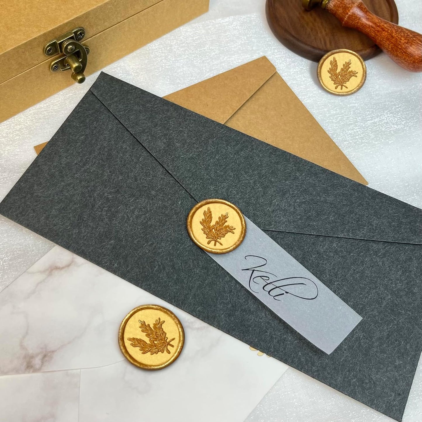 50Pcs Wax Seal Stickers Handmade Envelope Seals Self Adhesive Wax Stickers for Wedding Party Invitations, Envelope, Gift Wrap, Christmas(Rosemary Style, Gold)