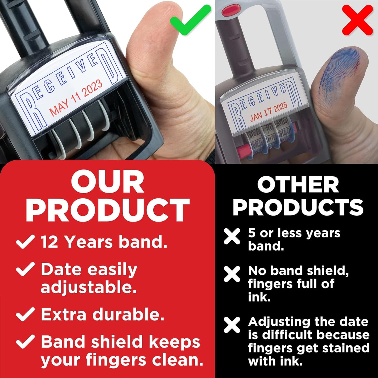 Self-Inking Rubber Date Office Stamp with Approved Phrase - Blue Ink & Date Red Ink - 12-Year Band