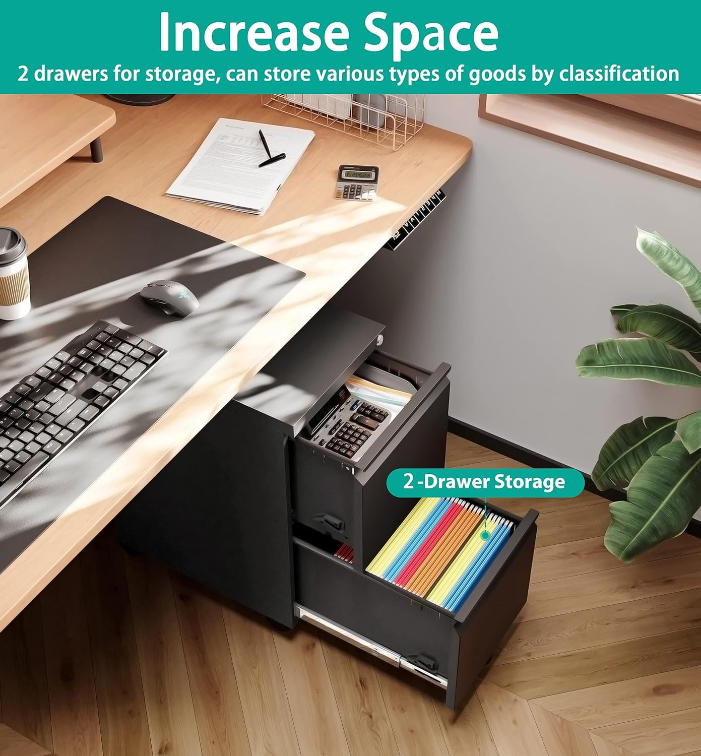 SISESOL 2 Drawer File Cabinet on Wheels,Metal Filing Cabinet with Lock,Black Rolling File Cabinets with Casters,Under Desk Office Cabinets for Home Office,Fit A4/Letter/Legal,Easy Assembly