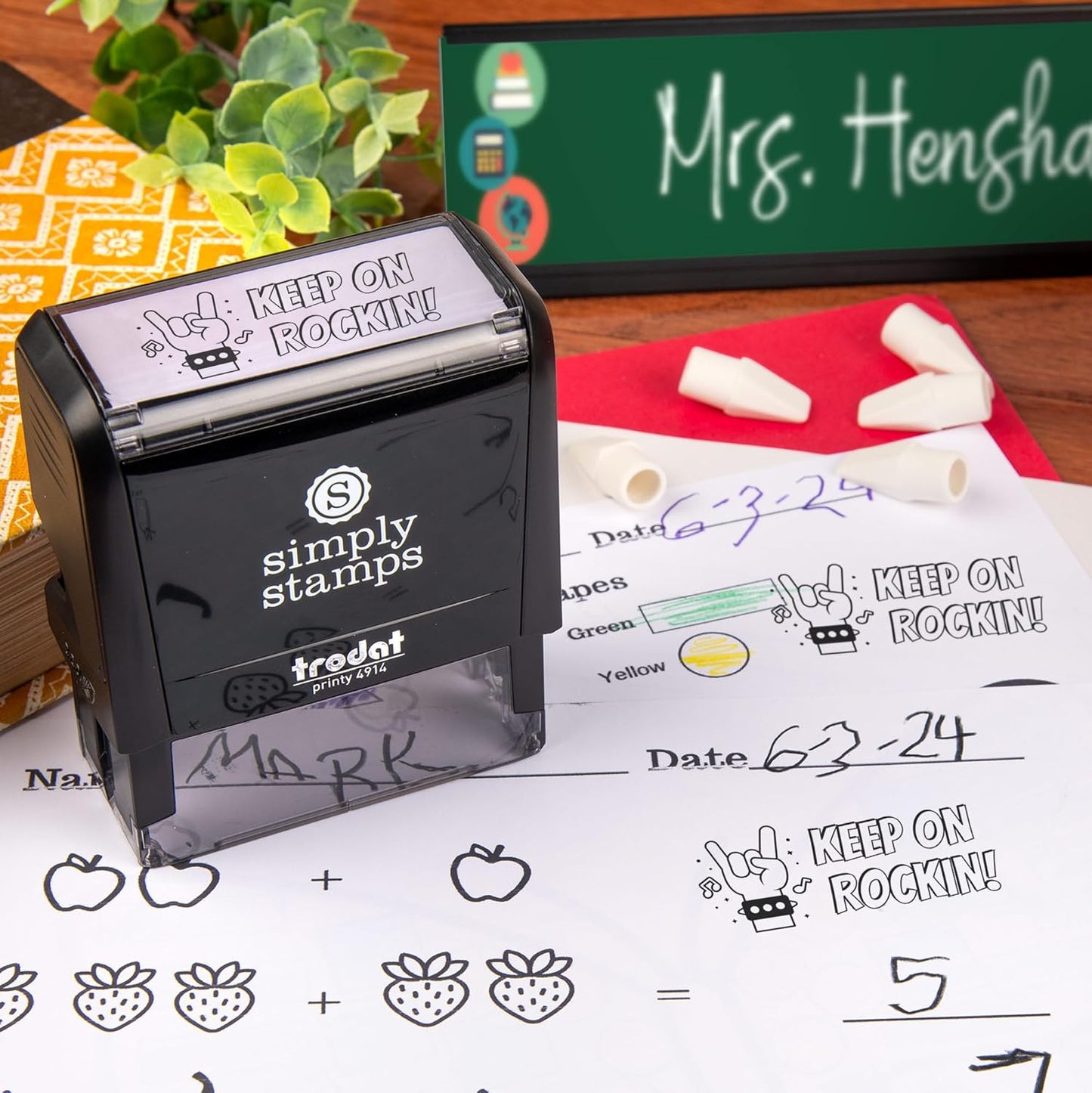 Custom Self-Inking Teacher Stamps | 49 Designs | Fun Phrases | Grading Made Easy | Classroom and Library Book Stamps (Keep on Rockin!, Xtra Wide)