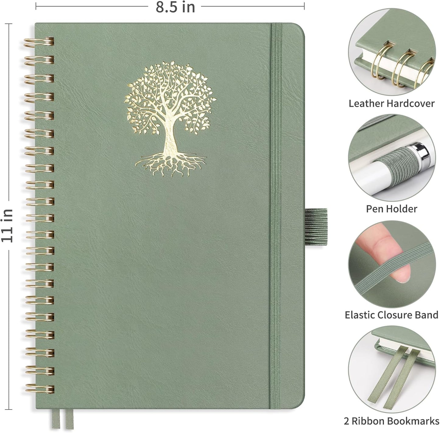 RETTACY Bullet Dotted Journal Notebook, 110 Pages, A4 Large Size (8.5" × 11"), Leather Hardcover, 100 GSM Thick Paper, Spiral-bound, for Bullet Journaling, Planning, Tracking (Light Green)