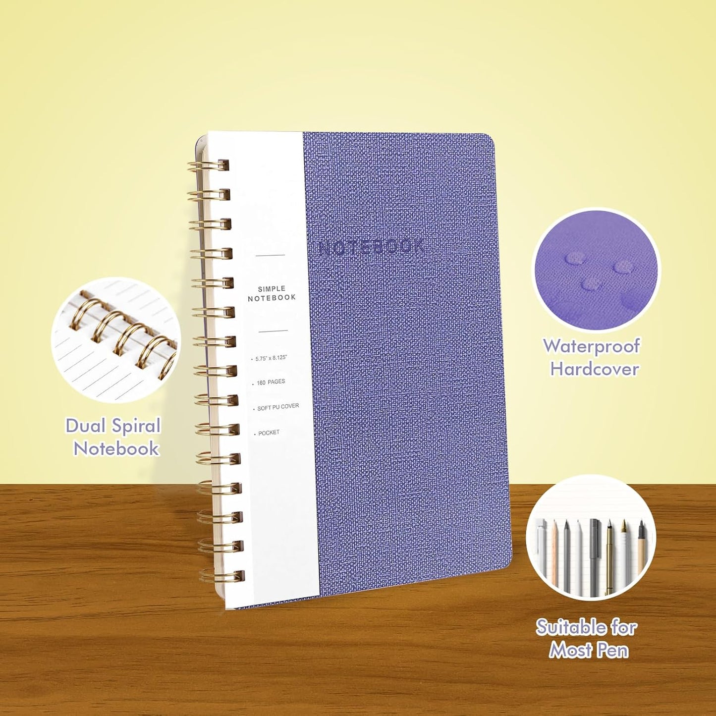 Lined Spiral Notebook College Ruled A5 Journal Book for Note Taking, 160 Pages Writing Journal for Office and Home School Supplies 5.75x8.125 inch (ArmyGreen/Violet/LightYellow)