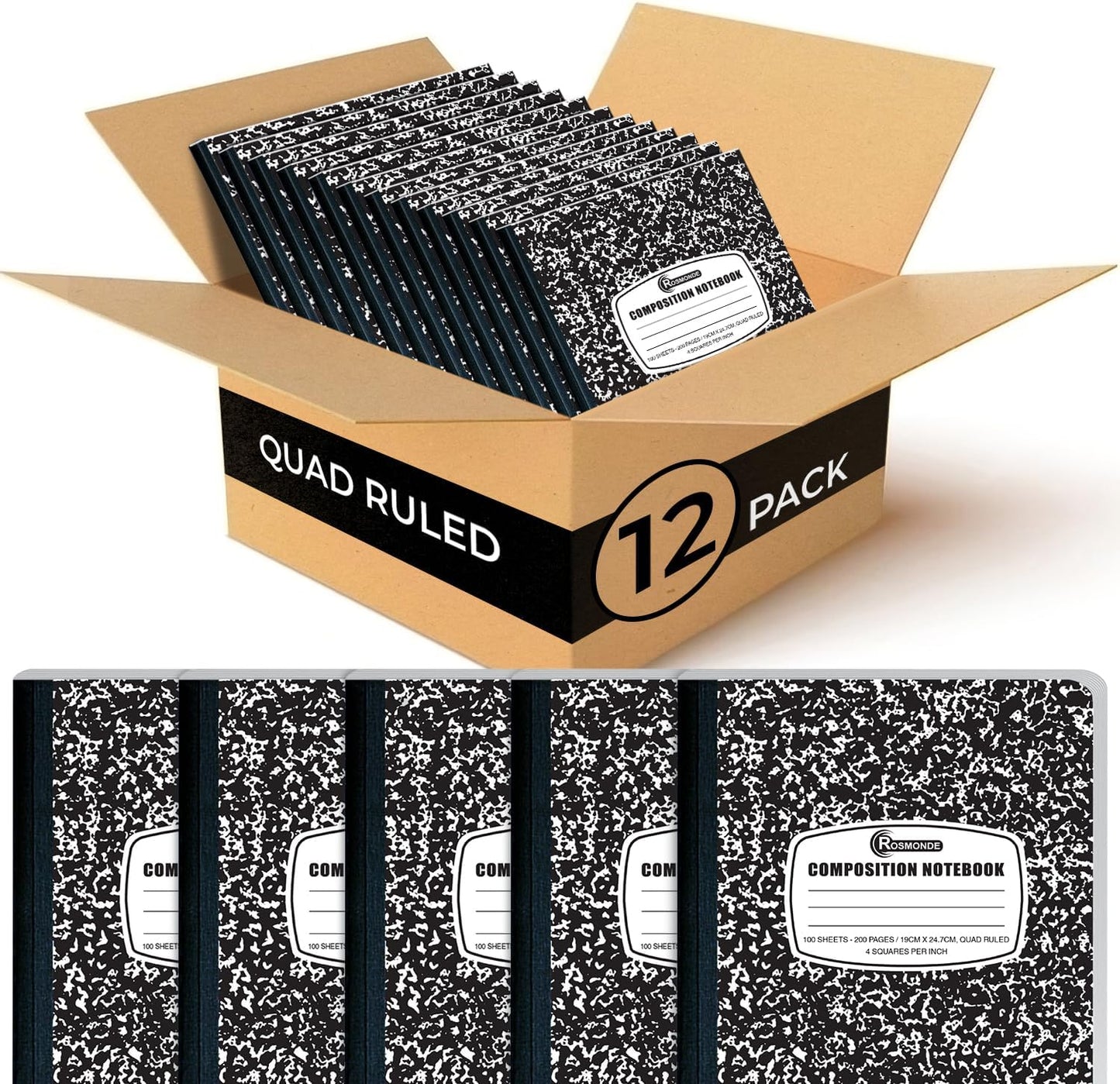 12 Pack Graph Paper Composition Notebook, 200 Pages (100 Sheets), 4x4 Grid, Graph Composition Notebook, Black Marble Hard Cover Quad Ruled Notebooks for School, Bulk Grid Composition Notebook